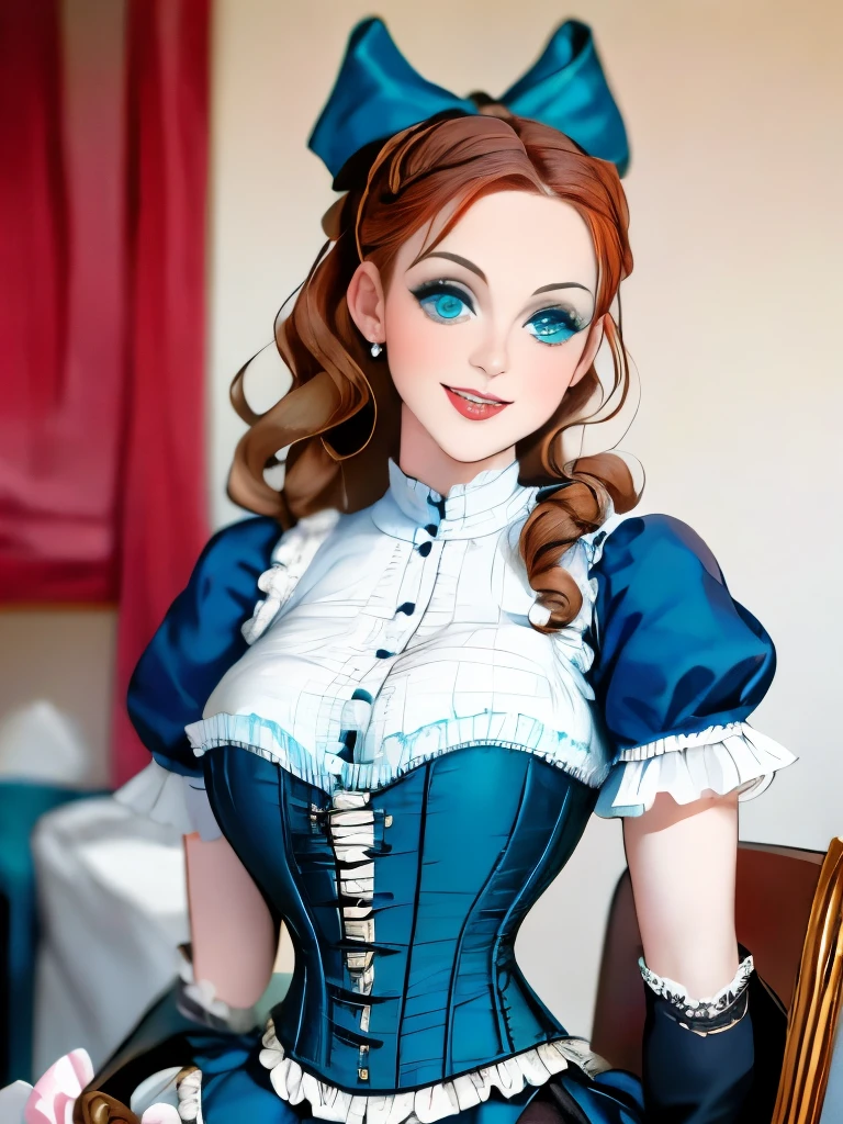 arafed woman in a blue dress with a bow and a white blouse, in victorian aristocrat, a beautiful victorian woman, intricate victorian dress, with victorian clothing, cyan corset, victorian style costume, gorgeous portrait, blue corset, ornately dressed, victorian blue dress, victorian lady, fantasy victorian art, a steampunk beautiful goddess, victorian inspired clothing