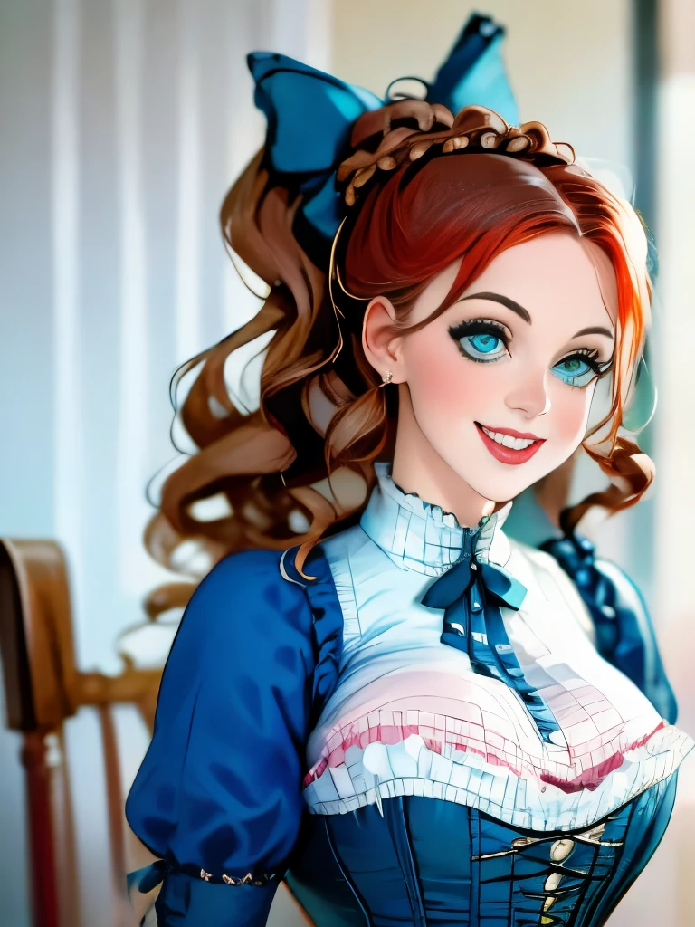 arafed woman in a blue dress with a bow and a white blouse, in victorian aristocrat, a beautiful victorian woman, intricate victorian dress, with victorian clothing, cyan corset, victorian style costume, gorgeous portrait, blue corset, ornately dressed, victorian blue dress, victorian lady, fantasy victorian art, a steampunk beautiful goddess, victorian inspired clothing