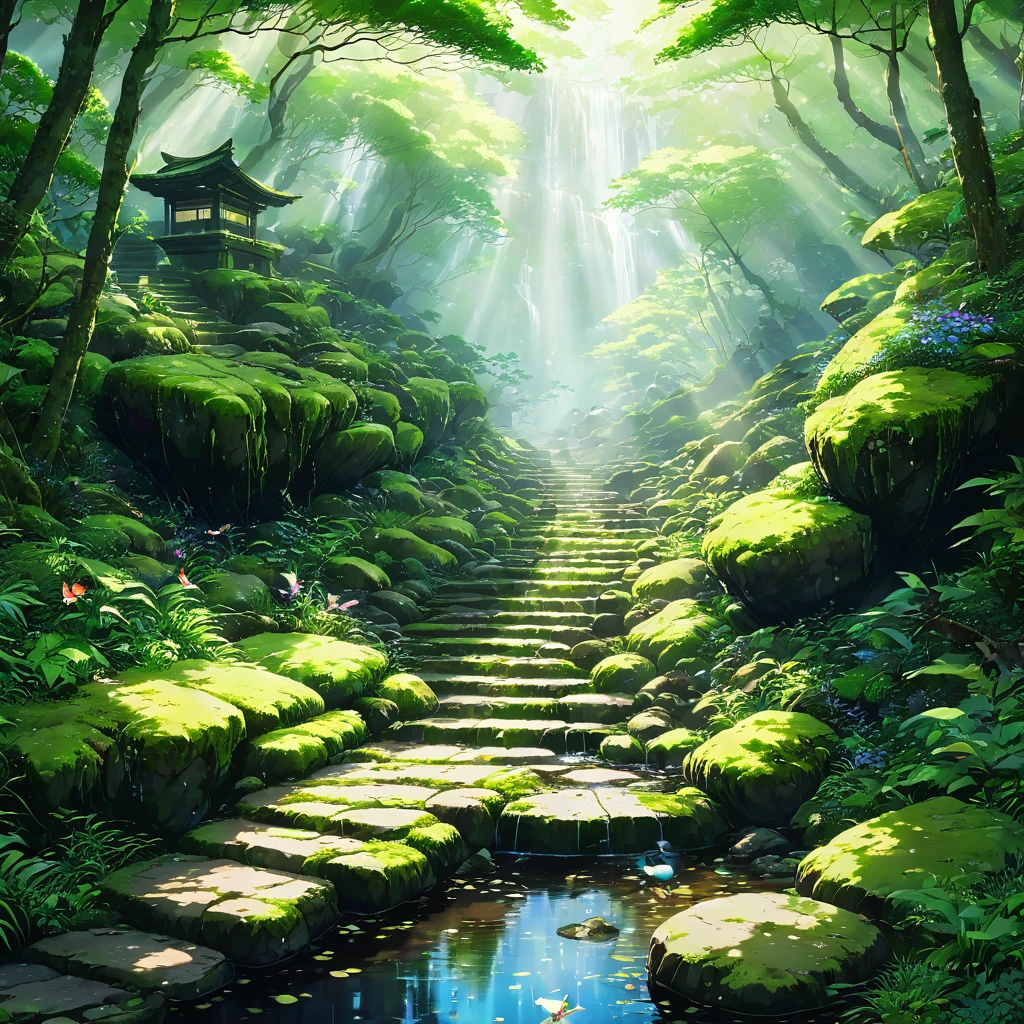 shrine, bird居, Approach, Stone steps, moss, green, wood々, forest, Light, wood漏れ日, fog, Fantasy, mysterious, beautiful, Silence, air, water, Clear Stream, stream, waterfall, sound, Babbling brook, bird, butterfly, animal, sacred, Solemn, history, time, Healing, power,beautiful Anime Scenery, Landscape painting, beautifulデジタル絵画, Andreas Rocha, beautifulアートワークのイラスト, Awesome Wallpapers, Raymond Han, 背の高いbeautiful絵画, Studio Greeble Makoto Shinkai, beautiful壁紙, Anime Scenery