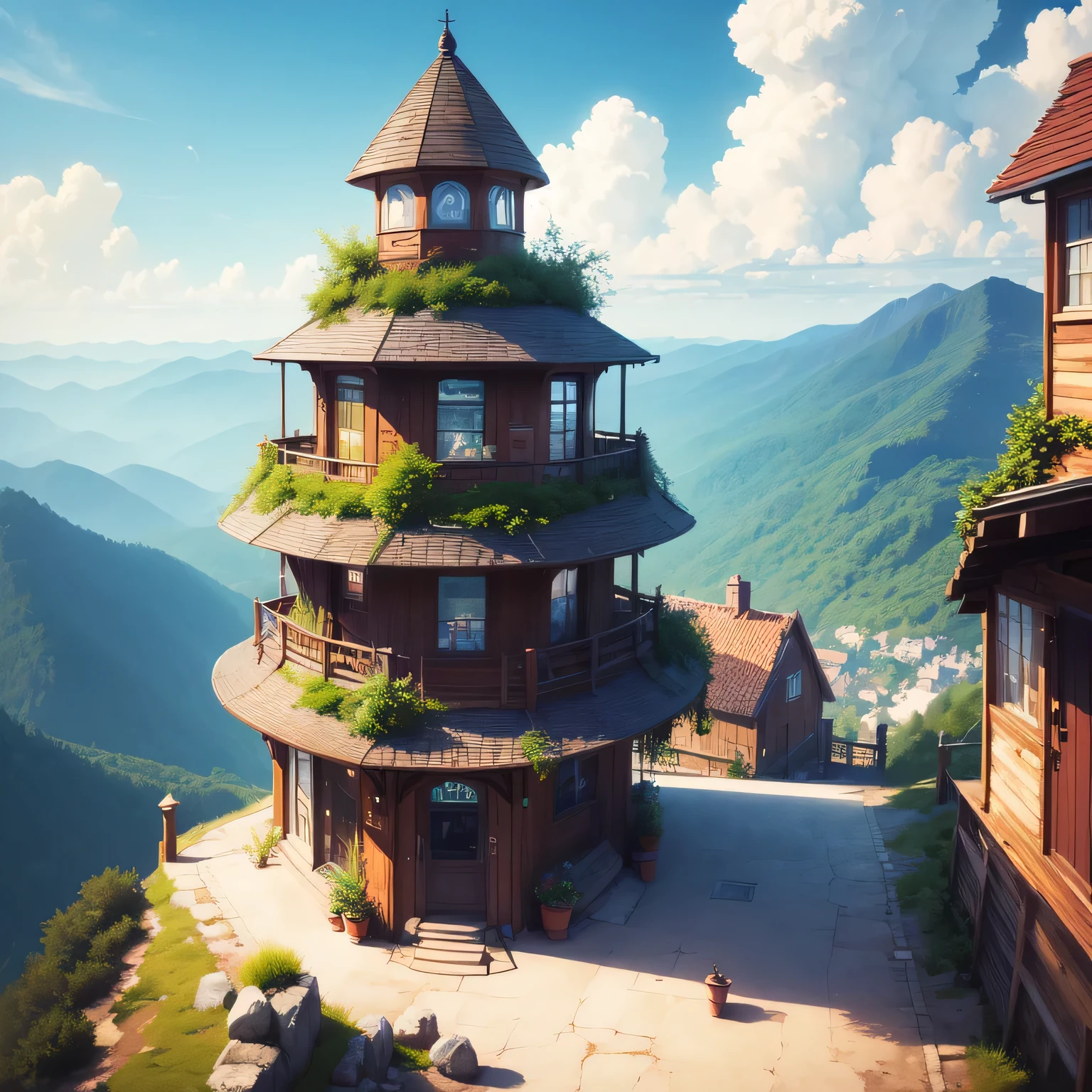 Beautiful digital art, Detailed painting 4k, Highly detailed digital painting, Rich, picturesque colors, Cafe on top of the mountain,Beautiful views,Clear skies,blue sky