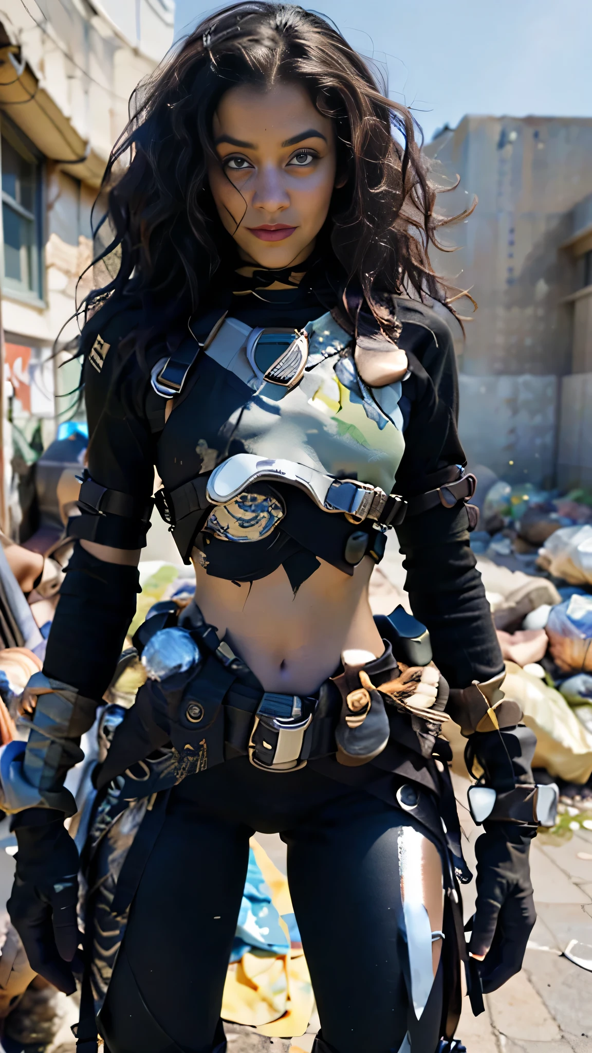High Quality ultra realistic image of a woman. The woman is a mixture of native american and jewish. Strong features, fair skin. Dark brown curly hair, dark eyes. The woman is dressed in semi-futuristic combat attire. She has guns and knives strapped around her body. The beautiful woman has a smirk. Her eyes glare with hate.