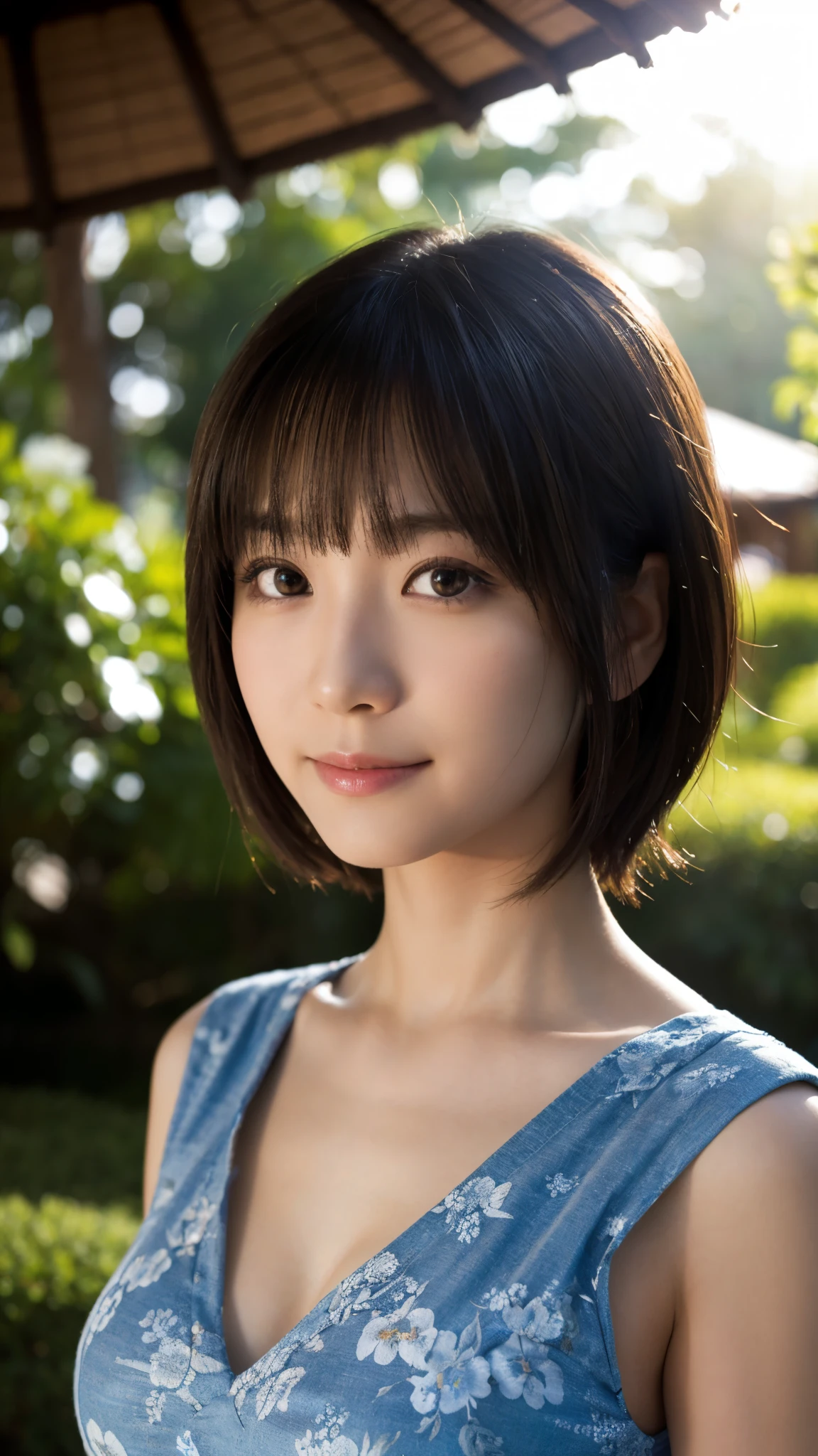 (highest quality,masterpiece:1.3,Ultra-high resolution),(Super detailed,Caustics,8k), (Photorealistic:1.4, RAW shooting),Backlight,sunshine,blue sky,Japanese garden,Japanese,20-year-old,smile,Natural brown short hair,(Short-sleeved tops),Big Breasts,(Bust up shot),Natural light,Lens flare,Low position,Low - Angle,Face Focus,Face close up