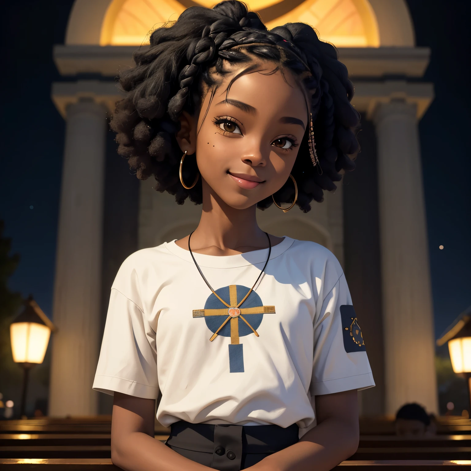masterpiece, best quality), deep ebony 1girl, beautiful face, short Afro braids , cute, , beautify, Lofi vibe,, cute night vibe, concentrated, hands outside of the picture, Christian ,church vibe , smart clothing, cute look, clothing is dry and baggy, small breasts, teen vibe, cute smile, 