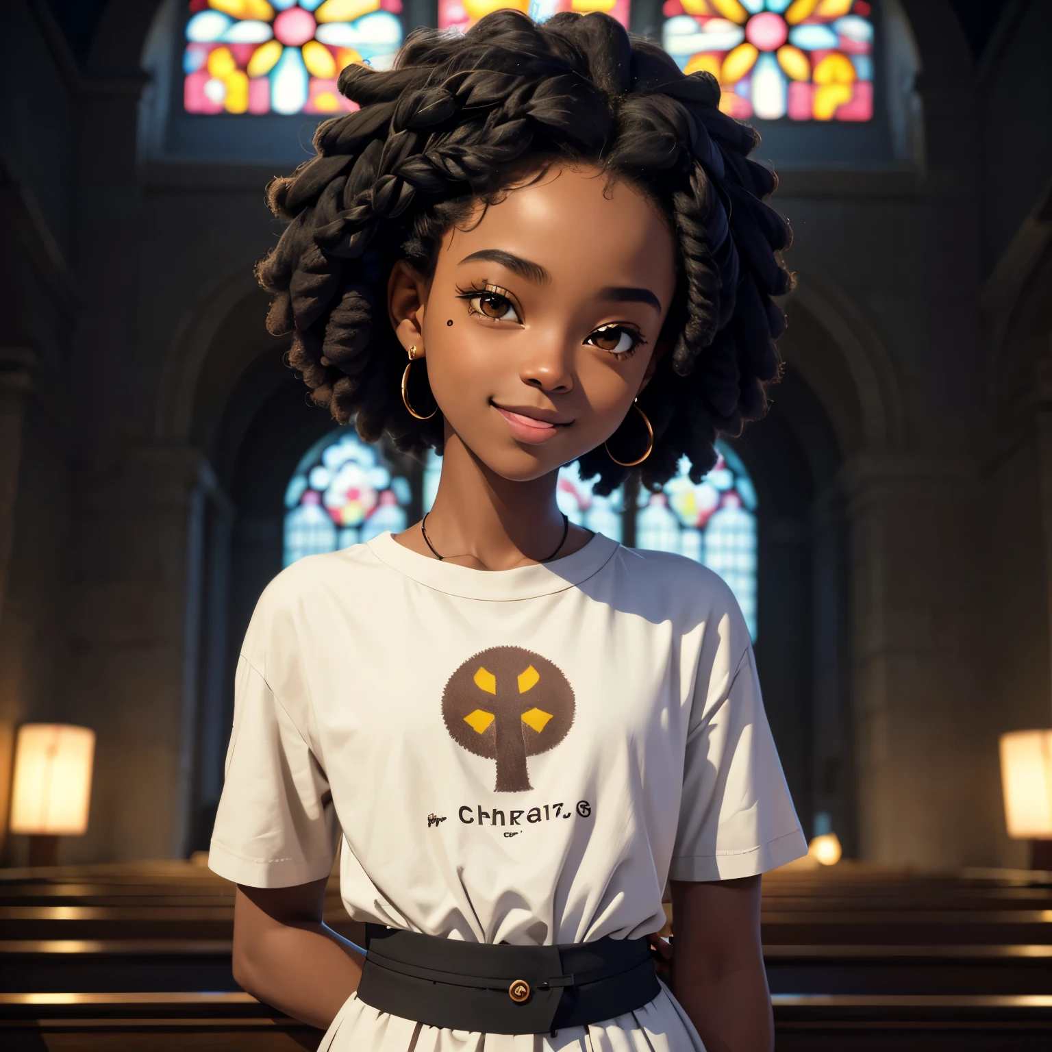 masterpiece, best quality), deep ebony 1girl, beautiful face, short Afro braids , cute, , beautify, Lofi vibe,, cute night vibe, concentrated, hands outside of the picture, Christian ,church vibe , smart clothing, cute look, clothing is dry and baggy, small breasts, vibe, cute smile,