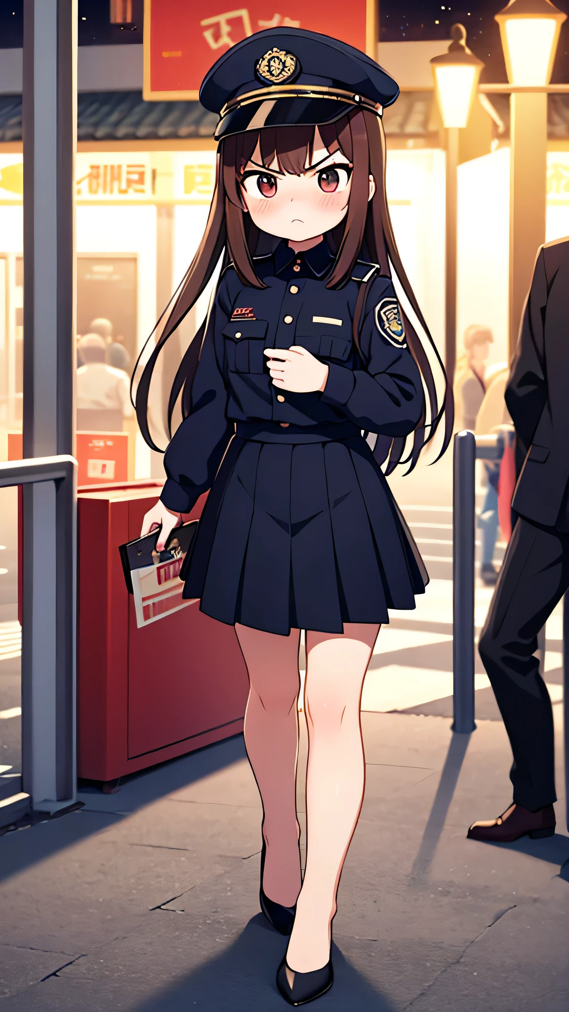 masterpiece, {highest quality], [Super beautiful], [Ultra fine], [Best illustration],Brown Hair, Hime cut, Long Hair, With bangs, girl, Uniform cap,Security uniform, Angry face, blush, Slender women, Straight Skirt, Standing posture, （Public）Night Park, diagonal, From diagonal, Bare feet and pumps, Plain black pumps,walk
