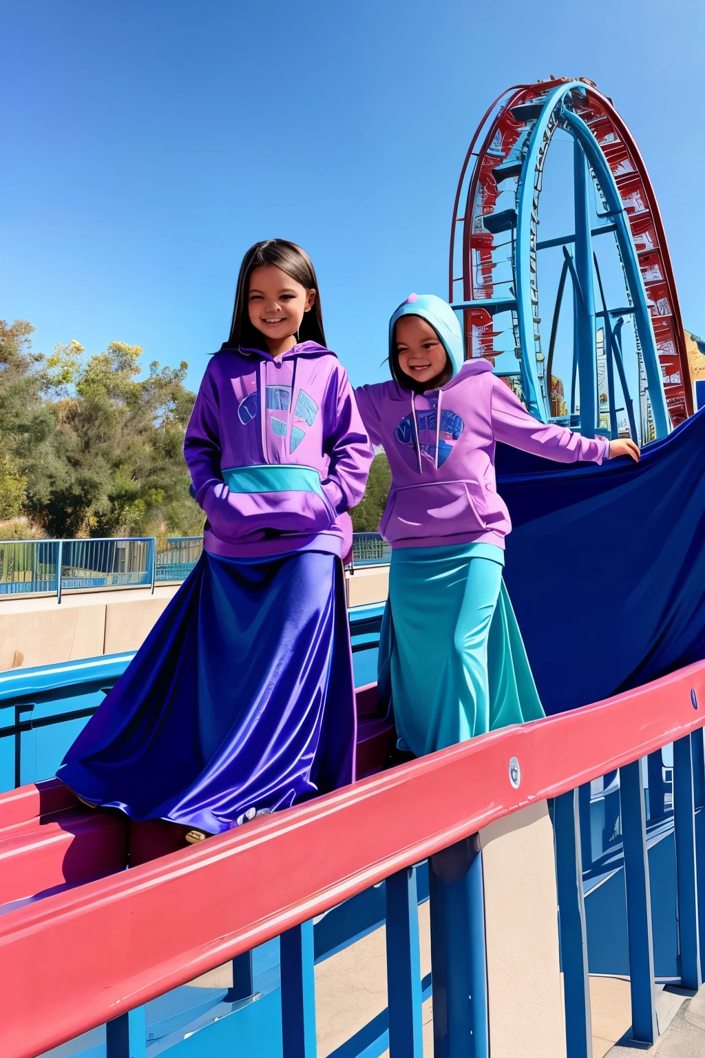 Two 10 year old girls wearing long satin mermaid maxi skirt with hoodie on roller coaster