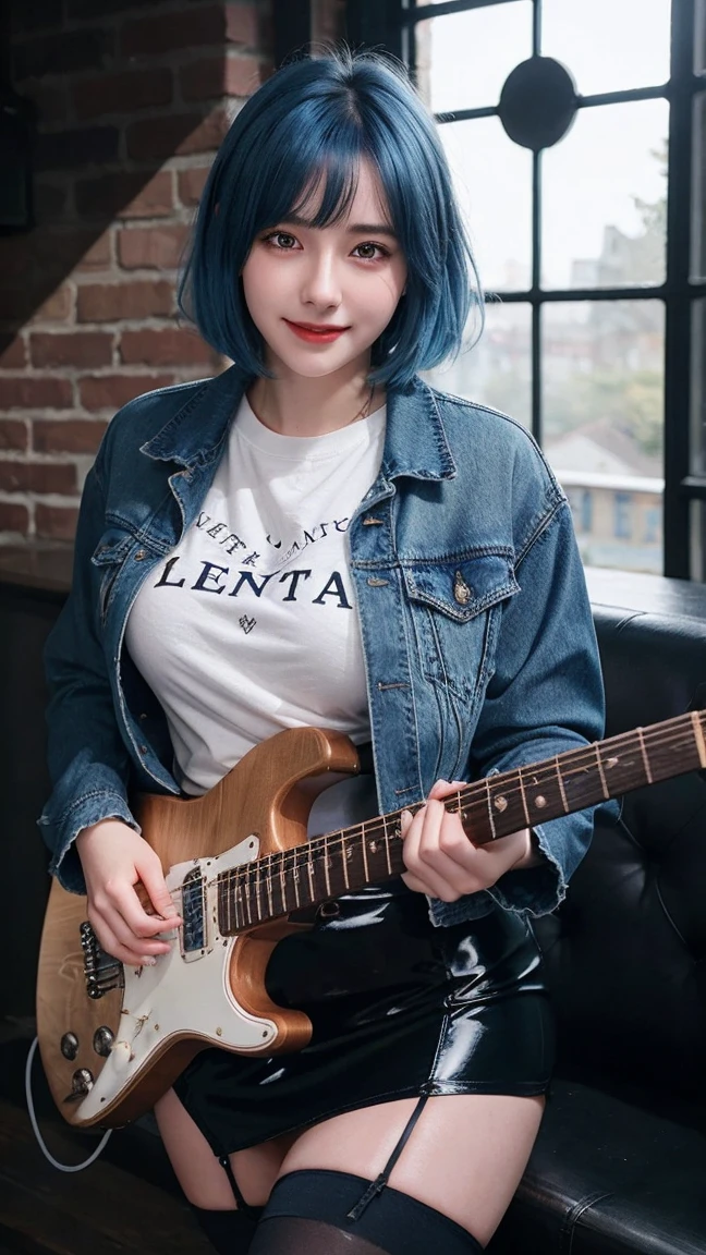 ((best quality)), photorealistic, photorealism, Photorealistic, high resolution, Denim jacket、rock t shirt、Latex knee-length skirt、Long skirt、JK Style、Jacket、smile、Knee-high socks、Thigh-high socks、pantyhose、A superb beauty、Super cute、ennui、Rare beauty、Very Short hair、Aestethic tatoo, Black Dark Eyeshadow、Sad、white skin、pale skin, Very short hair layered、Dark Gothic Makeup、Cute Smile、Fragrant beauty、Stained glass background、Mastepiece、Best Quality、Refers to 5 books、Sweat glistening on my chest、Sweat glistening on my face、Small breasts、Blue hair、Age 20 years old、Mysterious look、A sad expression、Blue Hair、mysterious gothic church、enchanting castle、Sweating profusely all over the body、A lot of sweat and light on the thighs、Shiny thighs、Plenty of sweat glistening on the thighs、A large amount of sweat glistens on my thighs、Sweating profusely、Gal、Medium breasts、beautiful face、Alluring expression、Thin thighs、Playing electric guitar、I have an electric guitar、Sing a song enthusiastically、Playing guitar in a band、Playing guitar chords、Live House Background、Sing a song、Open your mouth、Live house scenery、Mike stand、Glamorous live stage、Dynamic Angle、cinematic lighting, full body figure, full body photoshot, revealed foot and shoes