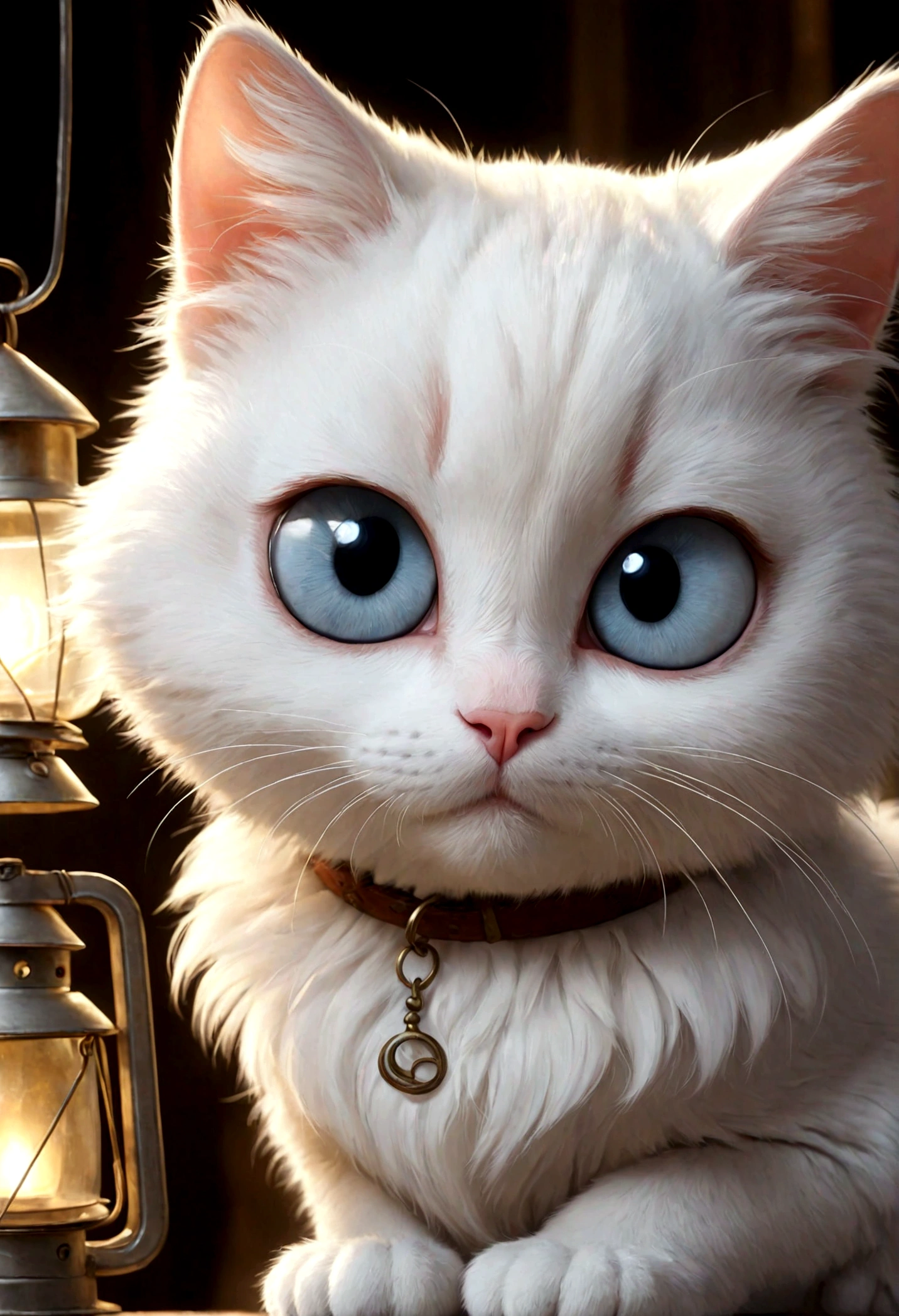 the cat is sitting, Sora like a cat, lovely digital painting, Disney's Puss in Boots, anime visual of cute 고양이, pixar 제작, Erin Hunter, Anatoh Pinstak. pixar, very realistic, White cat, realistic animated cat, sad cat, White cat, very very realistic, cute 고양이, big eyes , lantern lantern clear eyes , Sad Eyes , cute