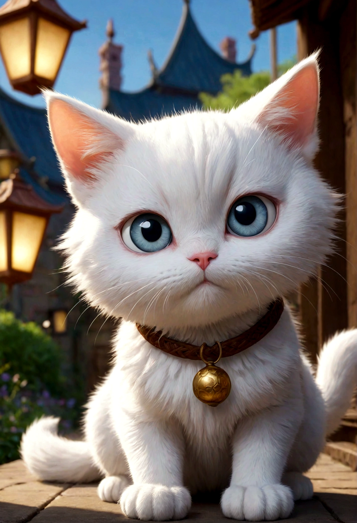 the cat is sitting, Sora like a cat, lovely digital painting, Disney's Puss in Boots, anime visual of cute 고양이, pixar 제작, Erin Hunter, Anatoh Pinstak. pixar, very realistic, White cat, realistic animated cat, sad cat, White cat, very very realistic, cute 고양이, big eyes , lantern lantern clear eyes , Sad Eyes , cute