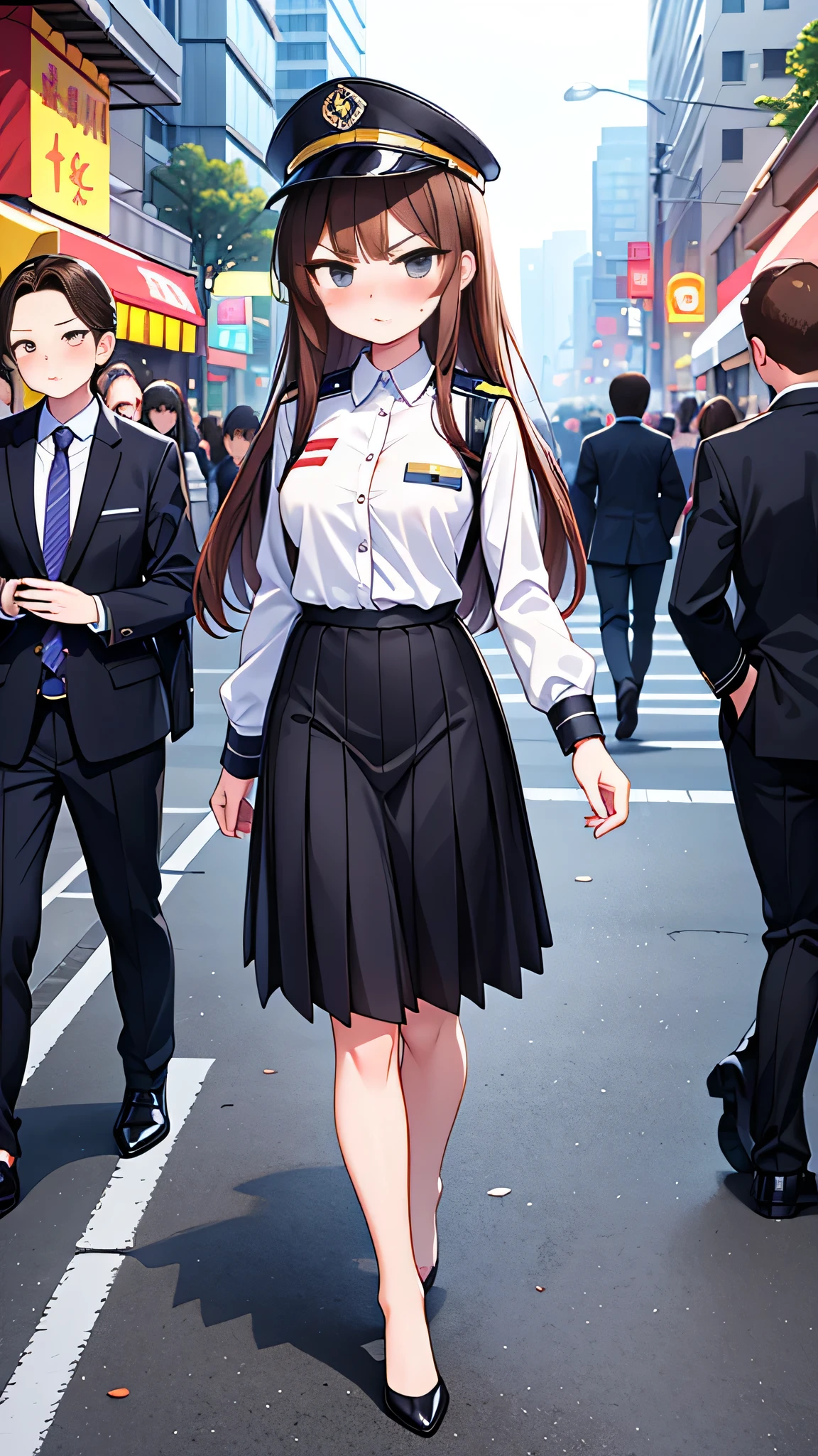 masterpiece, {highest quality], [Super beautiful], [Ultra fine], [Best illustration],Brown Hair, Hime cut, Long Hair, With bangs, girl, Uniform cap,Security uniform, Angry face, blush, Slender women, Straight Skirt, Standing posture, （Public）Night Park, diagonal, From diagonal, Bare feet and pumps, Plain black pumps,walk

