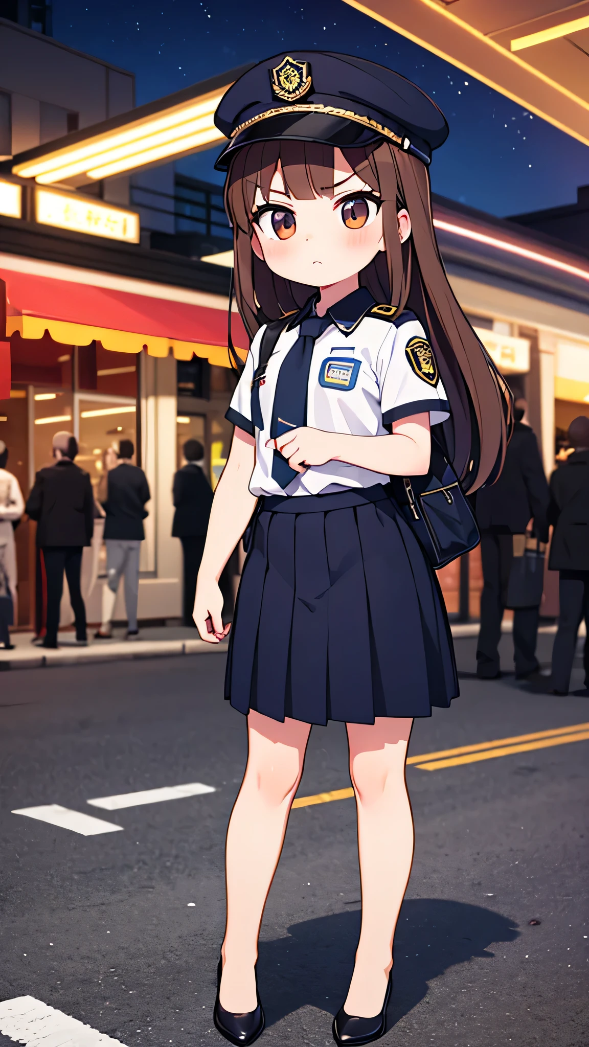 masterpiece, {highest quality], [Super beautiful], [Ultra fine], [Best illustration],Brown Hair, Hime cut, Long Hair, With bangs, girl, Uniform cap,Security uniform, Angry face, blush, Slender women, Straight Skirt, Standing posture, （Public）Night Park, diagonal, From diagonal, Bare feet and pumps, Plain black pumps,walk
