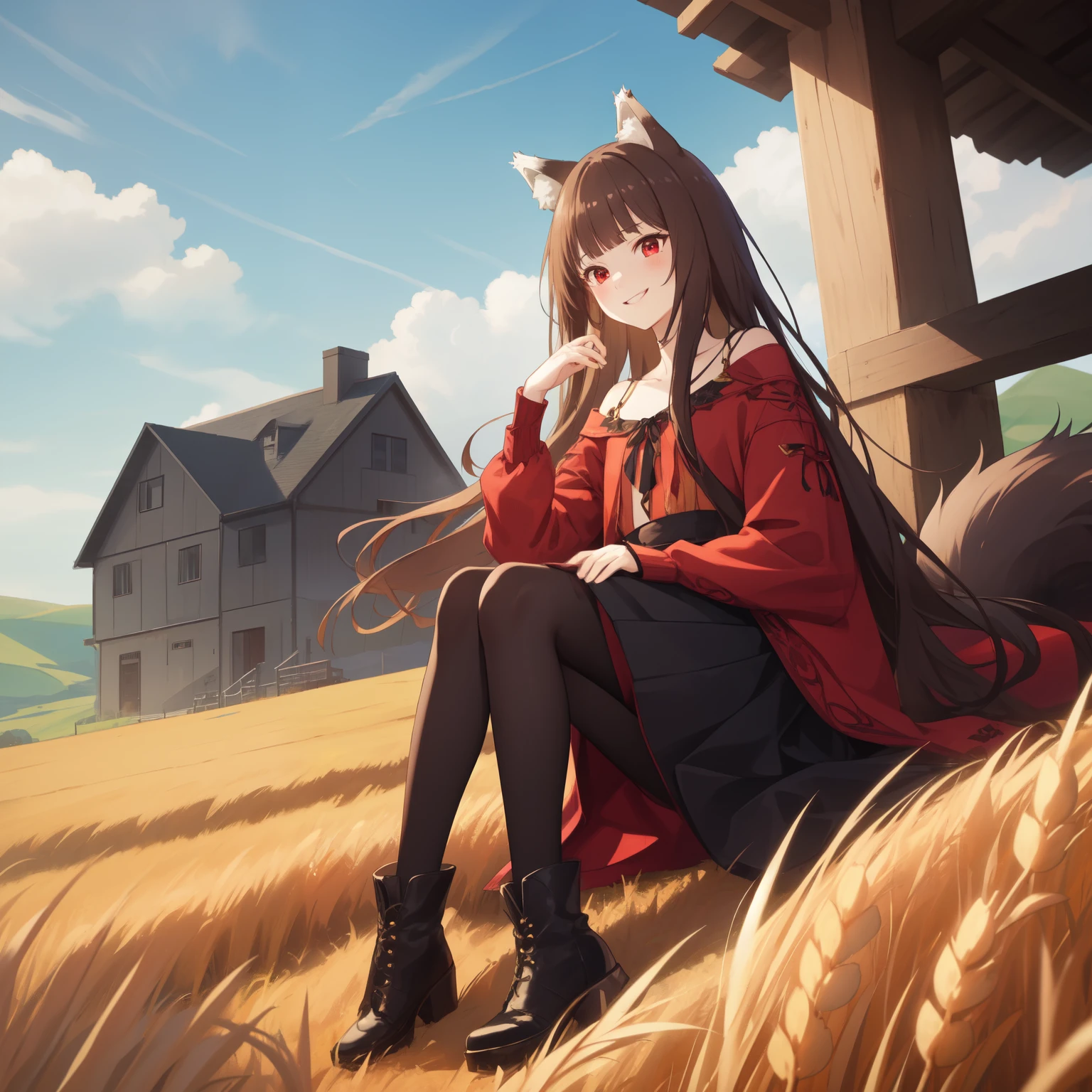 ((masterpiece)),(best quality),official art,very delicate and beautiful,highly detailed CG,Unity 8k wallpaper,super detailed,beautiful fine details,highly detailed face,outdoors,one girl,one person,sitting on a loading platform,blue sky,wheat field and rural landscape,facing audience,smiling,(small:1.2),black long skirt,black pantyhose,furry black boots,wolf girl,animal ears,wolf ears,animal ear hair,very long hair,brown hair,floating hair,side locks,blunt bangs,red eyes,collarbone,jewelry,blue shirt,long sleeves,medium chest,wolf big long tail,