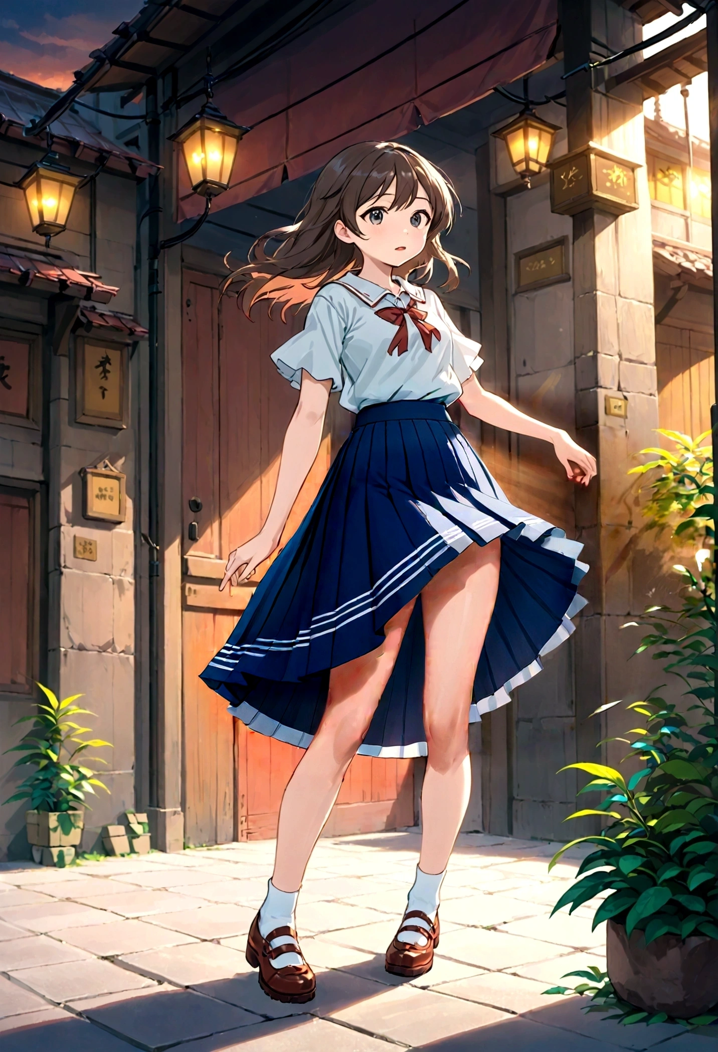 A skirt puffed up by the strong wind、、Skirt that is flipped、Trailing behind、
裏地がI can see it 、White lining、I can see it、Anime White Panties、Crotch is visible