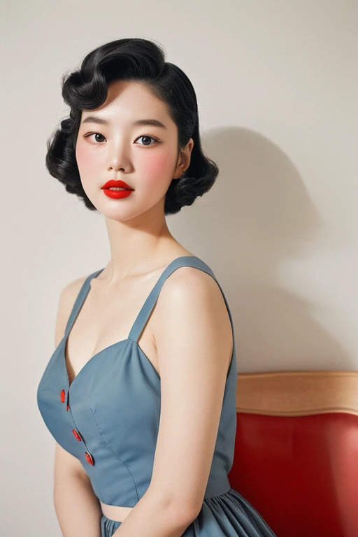 1952, Seoul, (1 korean young girl), minimalist, 1950s Watercolor, Pen and Ink, a 25 years girl in retro fashion, big breasts, strikingly beautiful, delicate facial features, porcelain skin, expressive eyes, black hair, red lips, pin-up style, full body, depiction of rural life, light gray and light brown and red and white and blue, in the style of classical Americana, mottled, playful innocence, dotted, cutout from white background,