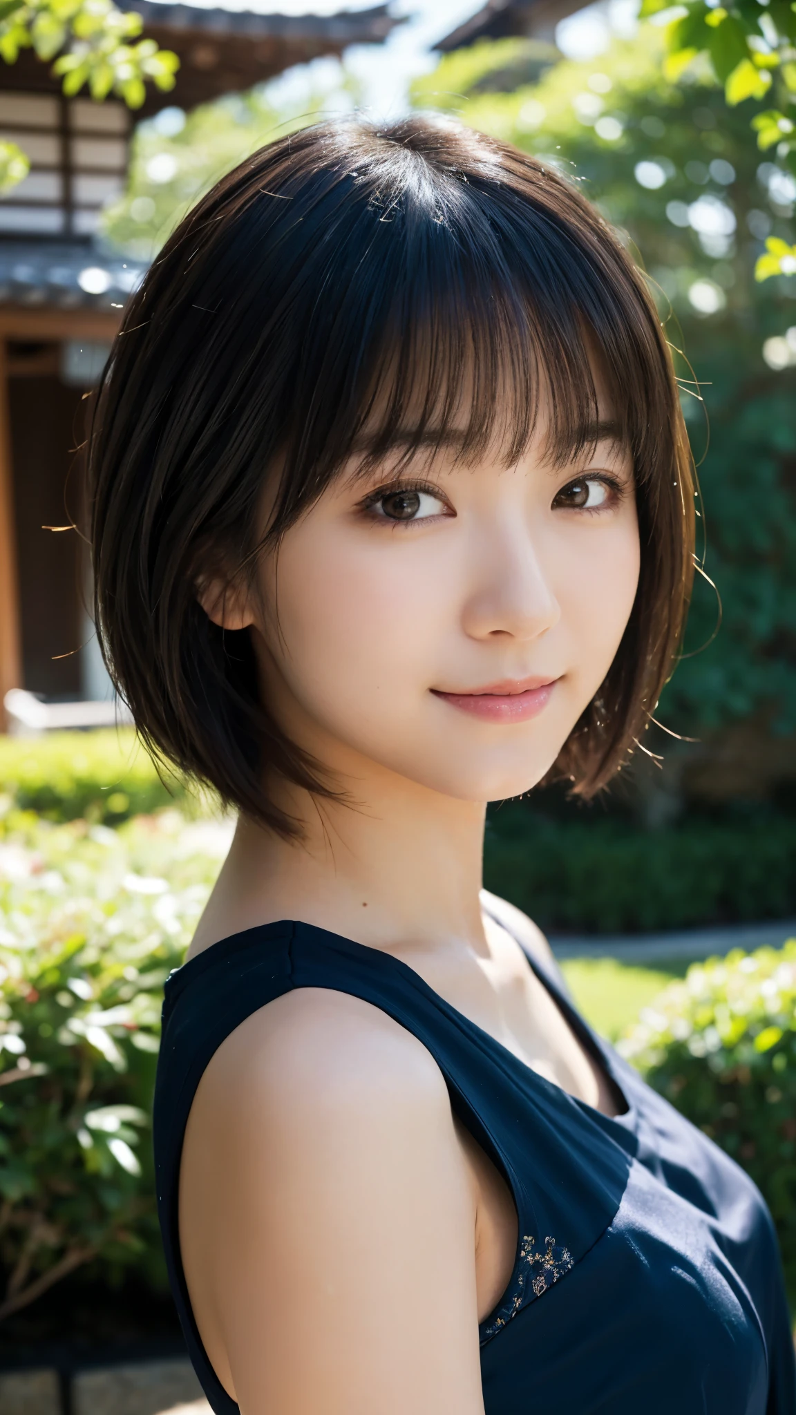 (highest quality,masterpiece:1.3,Ultra-high resolution),(Super detailed,Caustics,8k), (Photorealistic:1.4, RAW shooting),Backlight,sunshine,blue sky,Japanese garden,Japanese,20-year-old,smile,Natural brown short hair,(Short-sleeved tops),(Bust up shot),Natural light,Lens flare,Low position,Low - Angle,Face Focus,Face close up