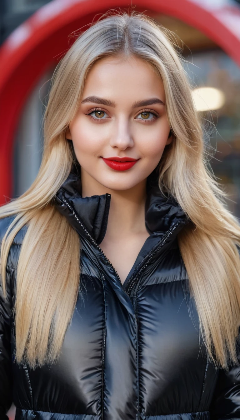 hyperrealistic beautiful busty 19-year-old woman with long legs wearing casual winter outfit with shiny black puffer coat, model shooting full body photography, bleached blonde very long straight hair, soaky wet skin, dark eye makeup with eyeliner, seductive smile, red lips, 8K, Best quality, Meisterwerk, ultra high resolution, (Realismus: 1.4), Originalfoto, (realistische Hautstruktur: 1.3), (Filmkorn: 1.3), (Selfie-Winkel), 1 girl, Beautiful round hazel eyes and facial details, Meisterwerk, Best quality, outdoor photography
