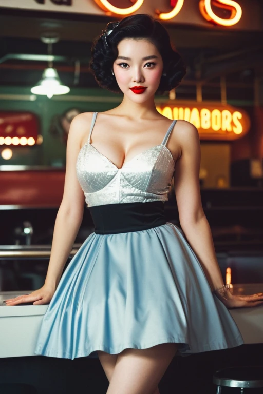 1 korean girl dressed in a 1950s-inspired dress, complete with a full skirt and petticoat, (big breasts, strikingly beautiful, delicate facial features, porcelain skin, expressive eyes, black hair, red lips),her hair styled in classic pin curls. She should be seated at an old-fashioned diner, surrounded by vintage details like a jukebox, chrome accents, and neon signs. Her eyes should be sparkling with excitement, dramatic lighting. This scene should be captured on 35mm film, with a beautiful depth of field and a slightly blurry, nostalgic background,
filmg,