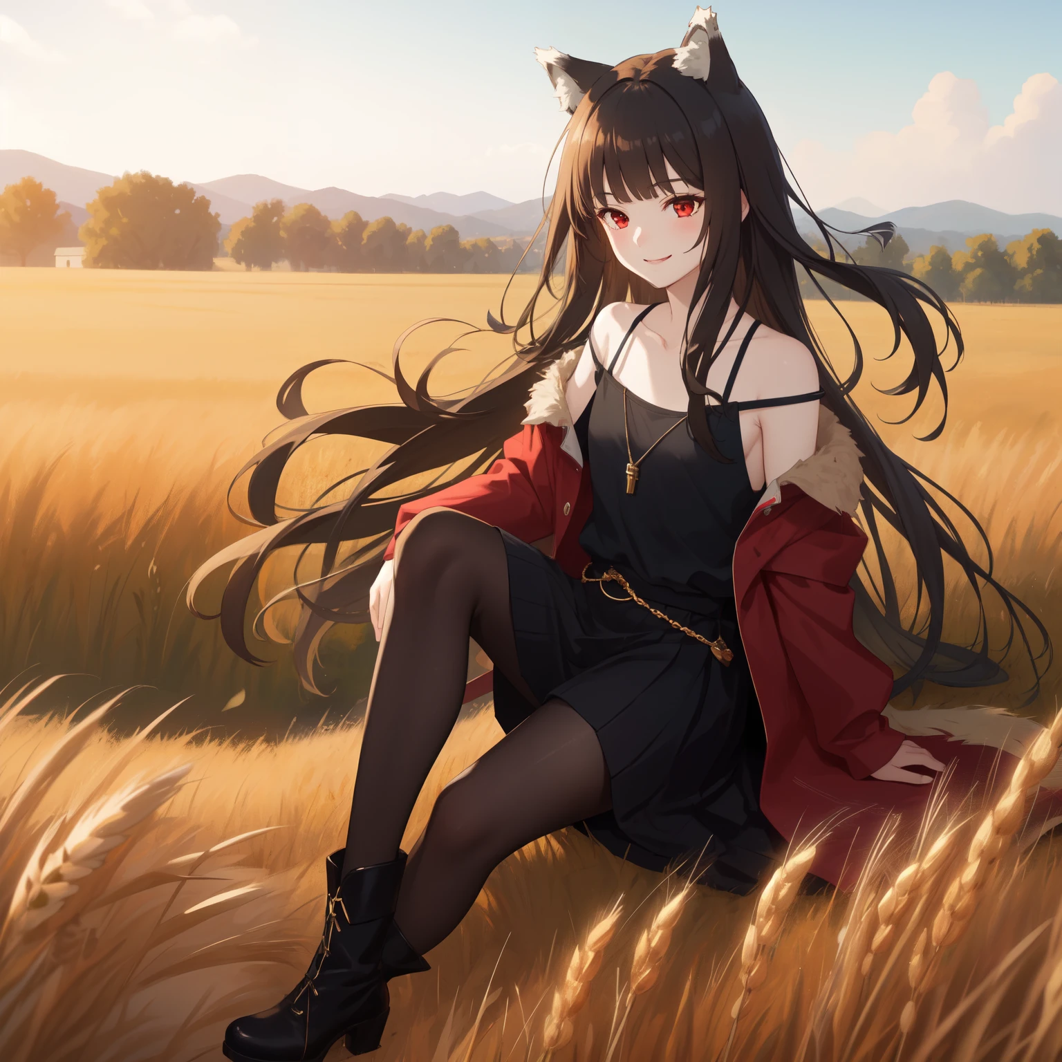 ((masterpiece)),(best quality),official art,very delicate and beautiful,highly detailed CG,Unity 8k wallpaper,super detailed,beautiful fine details,highly detailed face,outdoors,one girl,one person,sitting on a loading platform,blue sky,wheat field and rural landscape,facing audience,smiling,(small:1.2),black long skirt,black pantyhose,furry black boots,wolf girl,animal ears,wolf ears,animal ear hair,very long hair,brown hair,floating hair,side locks,blunt bangs,red eyes,collarbone,jewelry,blue shirt,long sleeves,medium chest,wolf big long tail,