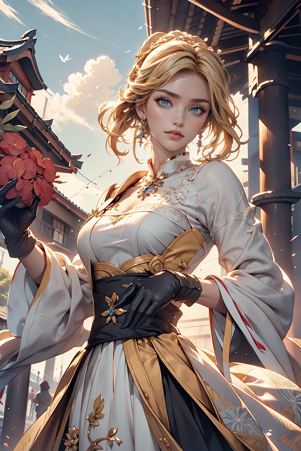 ((masterpiece,highest quality)),One girl,alone, (((Chisato Nishikigi))), short hair, Bright yellow hair, alone, dress, Eye for detail, View Viewer, Long sleeve, Are standing, white dress, gloves,hair ornaments, Black jacket, smile, Floating Hair, Dutch Angle, Mouth closed, avert your eyes, (Center Parks),Cloudy, blue sky, warm color,