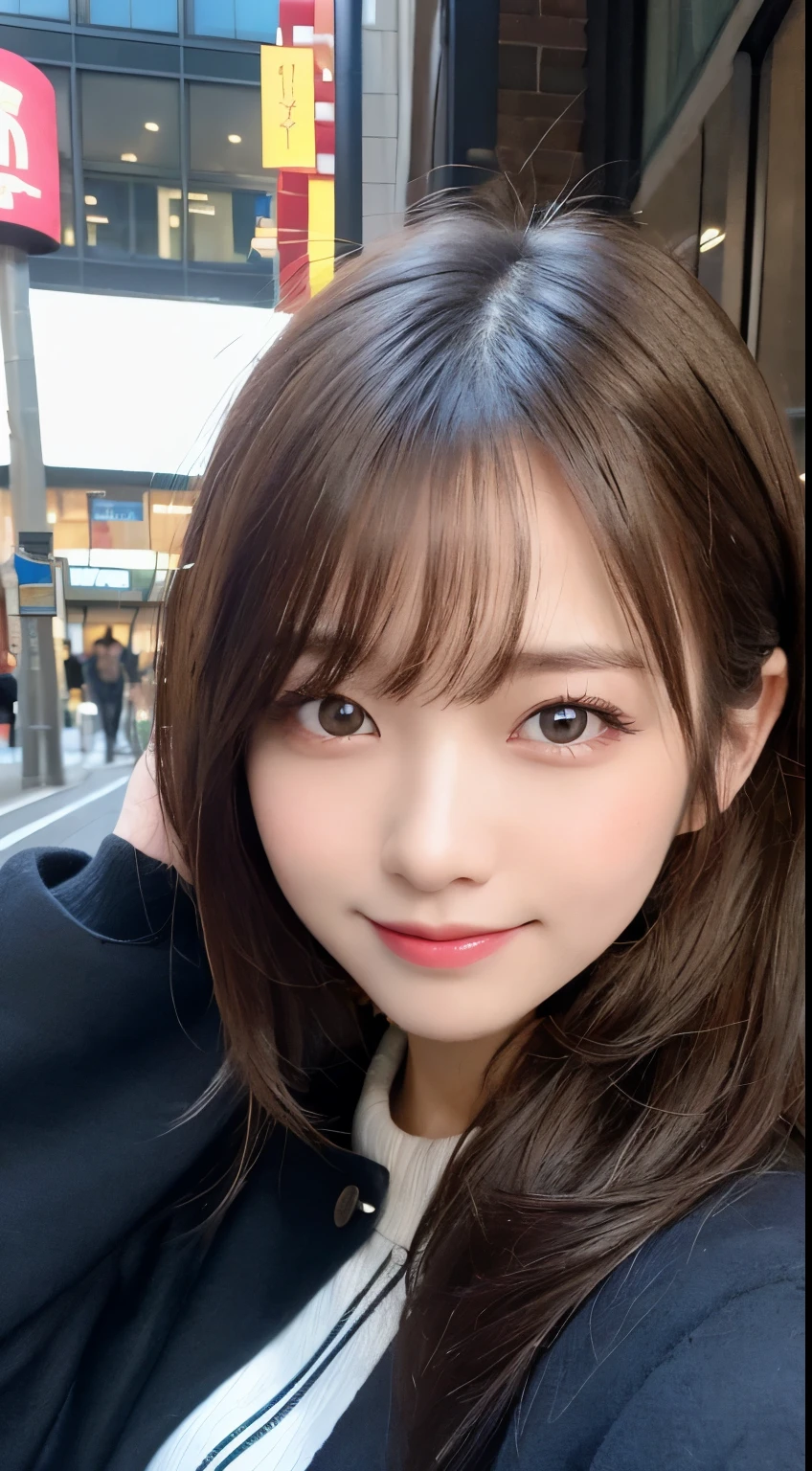 Tabletop, highest quality, figure, Super detailed, In detail, High resolution, 8k wallpaper, Perfect dynamic composition, Beautiful fine details, Winter clothes,coat,Medium Hair,small ,Natural color lip, Bold sexy pose,smile,Harajuku、20-year-old girl、cute、sexy shot looking at camera,Blur the background