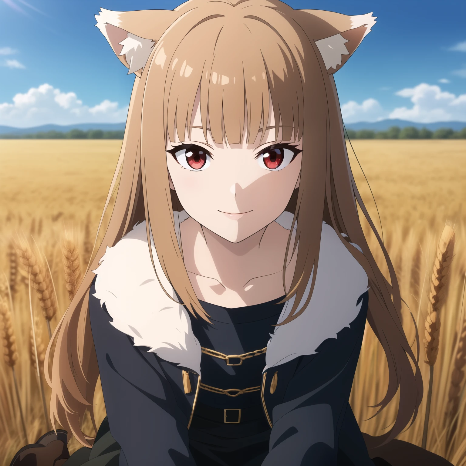 ((masterpiece)),(best quality),official art,very delicate and beautiful,highly detailed CG,unity 8k wallpaper,ultra detailed,beautiful fine eyes,highly detailed face,outdoors,one girl,alone,upper body,(portrait:1.5),looking at viewer,facing viewer,smiling,(small:1.2),running,wolf girl,animal ears,wolf ears,animal ear hair,very long hair,brown hair,floating hair,side locks,blunt bangs,red eyes,collarbone,jewelry,black coat,fur coat,blue shirt,long sleeves,medium chest,wolf tail,black skirt,long skirt,black pantyhose,boots,brown footwear,blue sky,wheat field,sitting on a truck bed