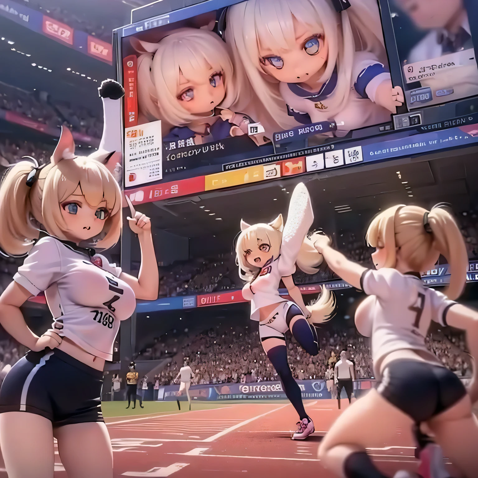 A group of wildcat girls in cute athletics uniforms, have large breasts, Attending a sporting event. The girls are energetic and enthusiastic, Show off your athletic ability on the field. Their uniforms are bright and fitting., Highlight their numbers. The athletics stadium setting is dynamic, Girls are running, Jumping, And compete with each other. The workplace is filled with excitement and competitive spirit.. The image quality is excellent, Highly detailed and realistic visuals. The colors are vibrant and lively, Enhance the overall appeal of the image. The lighting is bright, Showcasing the energy and intensity of sporting events.Girl