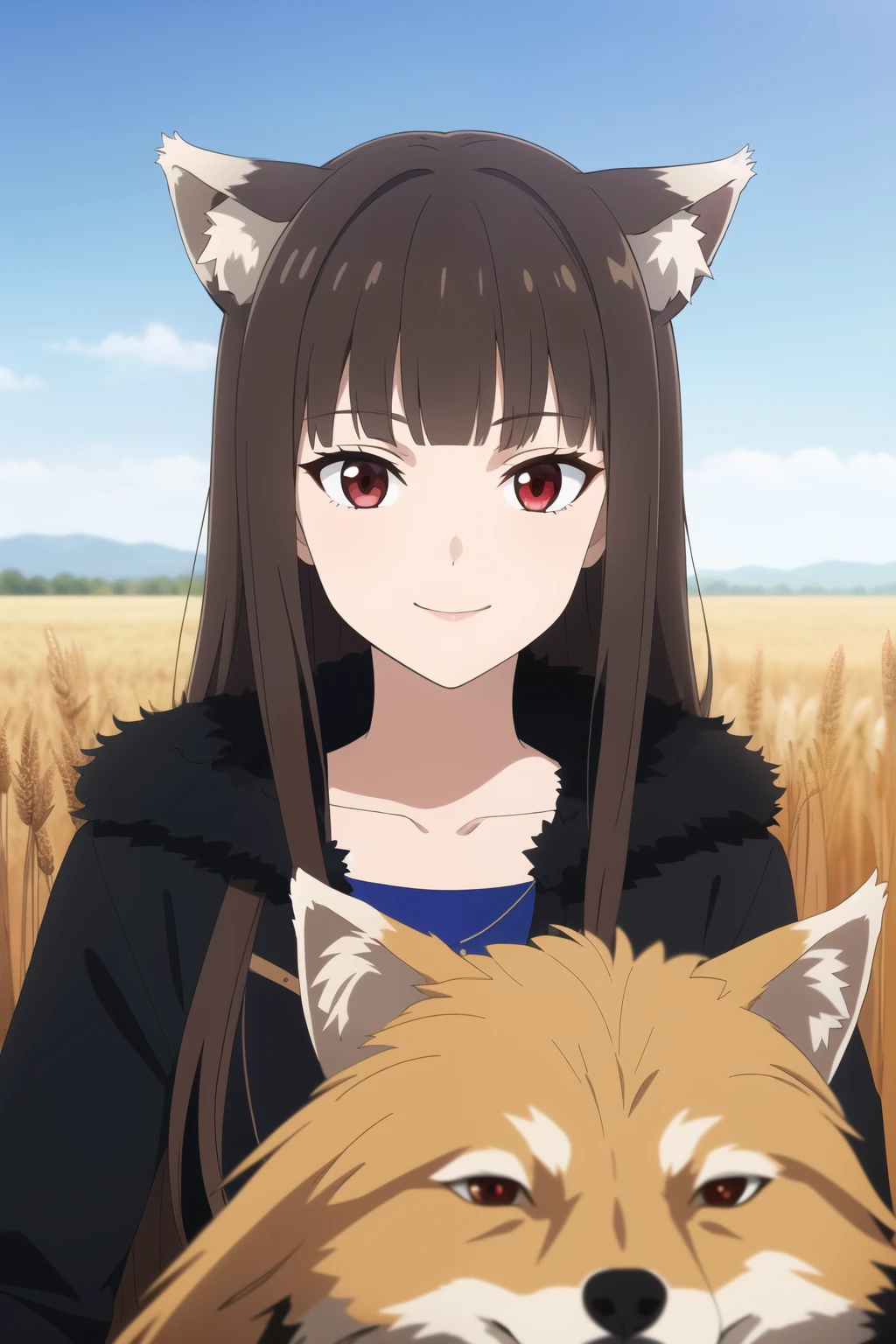 ((masterpiece)),(best quality),official art,very delicate and beautiful,highly detailed CG,unity 8k wallpaper,ultra detailed,beautiful fine eyes,highly detailed face,outdoors,one girl,alone,upper body,(portrait:1.5),looking at viewer,facing viewer,smiling,(small:1.2),running,wolf girl,animal ears,wolf ears,animal ear hair,very long hair,brown hair,floating hair,side locks,blunt bangs,red eyes,collarbone,jewelry,black coat,fur coat,blue shirt,long sleeves,medium chest,wolf tail,black skirt,long skirt,black pantyhose,boots,brown footwear,blue sky,wheat field,sitting on a truck bed