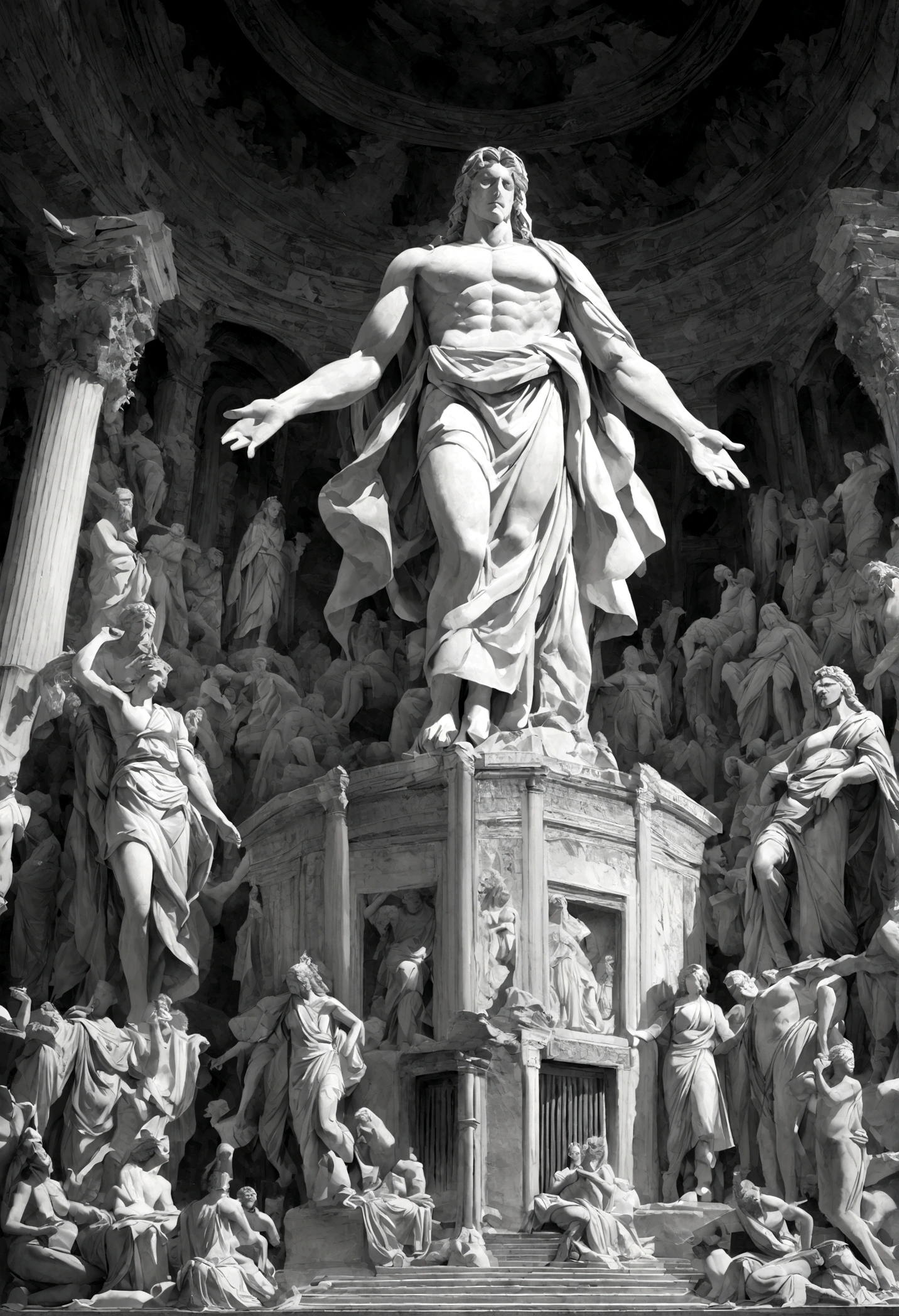 A dark landscape image of an ancient greek society deeply connected to stoicism, black and white, ancient greek architecture, include one single big statue of a stereotypical strong greek man, marcus aurelius --ar 16:9
