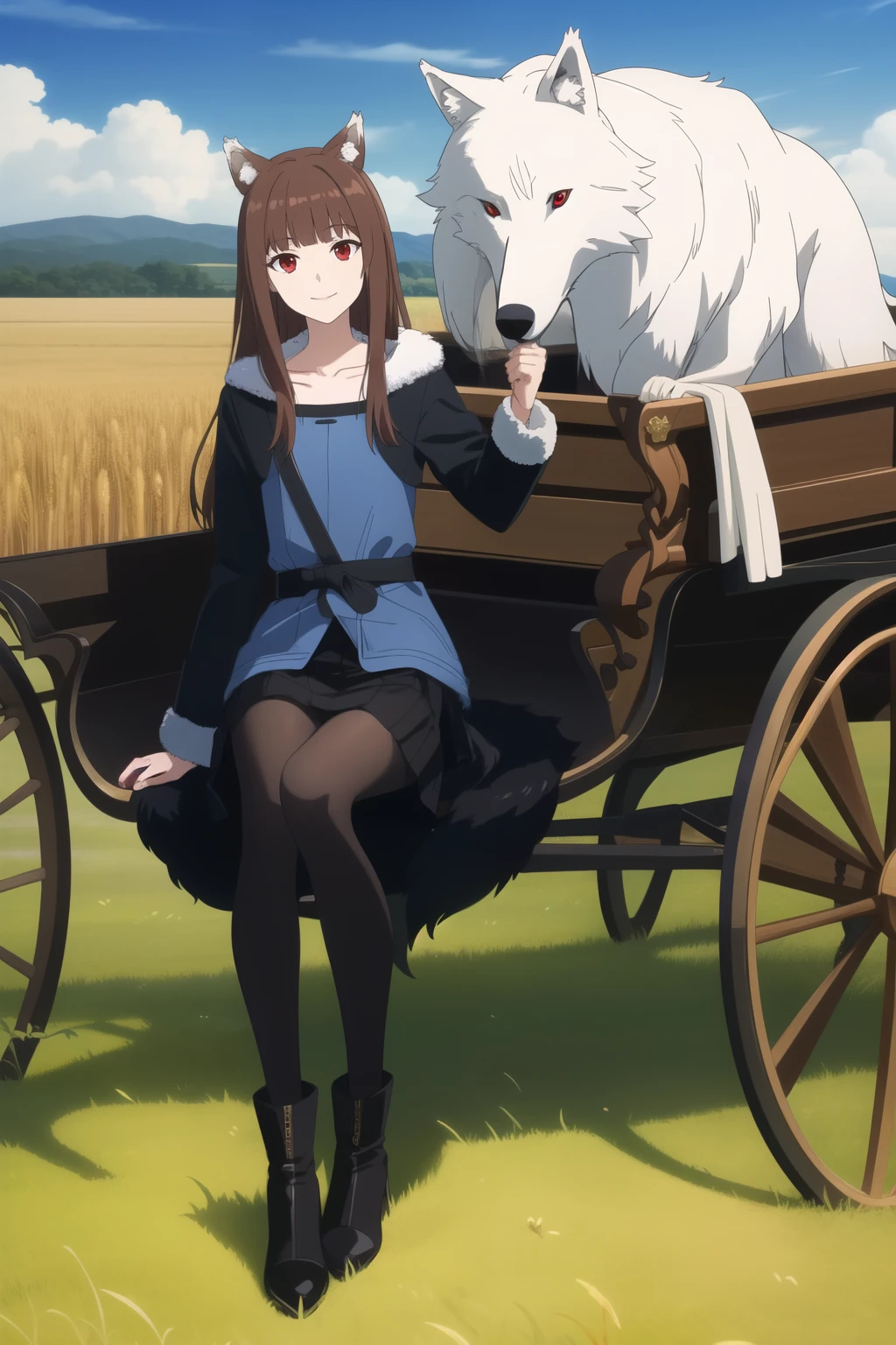 ((masterpiece)),(best quality),official art,very delicate and beautiful,highly detailed CG,unity 8k wallpaper,ultra detailed,beautiful fine eyes,highly detailed face,outdoors,one girl,alone,looking at viewer,facing viewer,smiling,(small:1.2),black long skirt,wolf girl,animal ears,wolf ears,very long brown hair,floating hair,side locks,blunt bangs,red eyes,collarbone,jewelry,black coat,fur coat,blue shirt,long sleeves,medium chest,wolf tail,black pantyhose,black boots,black footwear,blue sky,wheat field,sitting on the back of an old horse-drawn carriage