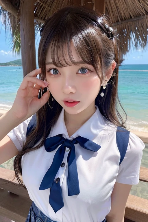 ★composition:(Full body photo)★quality:(2 girls), (Perfect hands:1.2), (Perfect Anatomy:1.2), (best quality:1.3), (masterpiece:1.3), (Very detailed:0.8), 17 years old, 完璧なface, かわいくて左右対称のface, 童face, Pink Lips, (:1.1), High resolution, High resolution, CG Unity 8k, Nice hands, throw, top quality, ★performance:(笑face:1.3), (:1.4), Happy, charm的な, faceを見て感じる, (Look at other people:1.3), looking up★被写体:(toru asakura: 1.3), ★face:detailed face, (beautiful face: 1.1), beautiful girl, cute, charm, beautiful detailed face, ★eye:blue eyes, detailed eyes, キラキラしたeye, charm的なeyeの反射, キラキラ輝くeye元, Pupil depth and three-dimensional effect, 虹彩の色の微妙な変化 ★イルミネーション:Light of the sun, ★chest: 小さなchest、Detailed skin, (chestの谷間:1.4), Shiny skin, ★hair: :(Wolf Cut)★style: animation, shape, (Wet:1.2), ★environment:Ocean, cloud, Day, Beach, ★Costumes :((JK Uniform)) , jewelry, Earrings, necklace, Earrings, accessories, ★One:Small Head, ★action:Blowjob