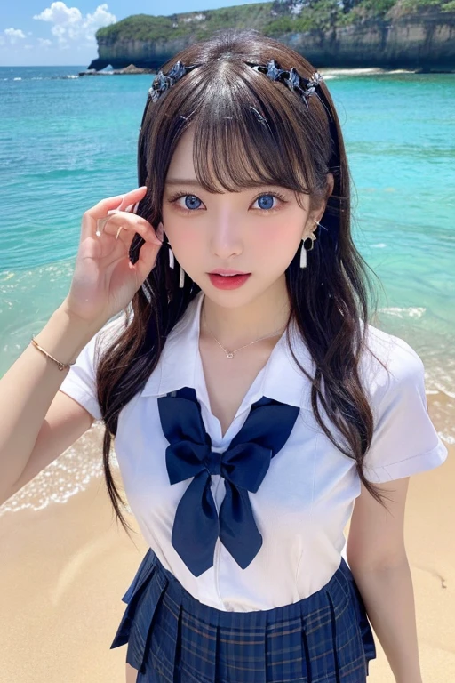 ★composition：(Full body photo)★quality：(2 girls), (Perfect hands:1.2), (Perfect Anatomy:1.2), (best quality:1.3), (masterpiece:1.3), (Very detailed:0.8), , 完璧なface, かわいくて左右対称のface, 童face, Pink Lips, (:1.1), High resolution, High resolution, CG Unity 8k, Nice hands, throw, top quality, ★performance：(笑face:1.3), (:1.4), Happy, charm的な, faceを見て感じる, (Look at other people:1.3), looking up★被写体：(toru asakura: 1.3), ★face：detailed face, (beautiful face: 1.1), beautiful girl, cute, charm, beautiful detailed face, ★eye：blue eyes, detailed eyes, キラキラしたeye, charm的なeyeの反射, キラキラ輝くeye元, Pupil depth and three-dimensional effect, 虹彩の色の微妙な変化 ★イルミネーション：Light of the sun, ★chest: 小さなchest、Detailed skin, (chestの谷間:1.4), Shiny skin, ★hair： :(Wolf Cut)★style: animation, shape, (Wet:1.2), ★environment：Ocean, cloud, Day, Beach, ★Costumes :((JK Uniform))  , jewelry, Earrings, necklace, Earrings, accessories,  ★One：Small Head,  ★action：Blowjob