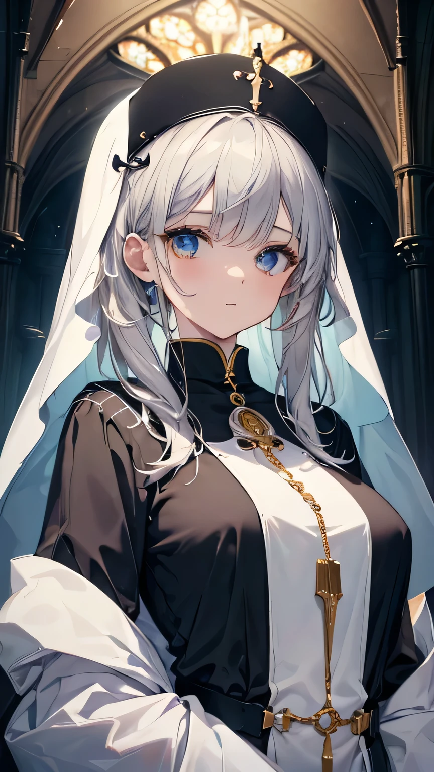 ((best quality)), ((masterpiece)), (detailed face and eyes), perfect face, accurate, textured skin, high details, highres, Cathedral, Saint, Praying Saint, Sister, Scapular, Nun's clothing, Sacred, majestic, dignified, Light coming from the ceiling, anime style