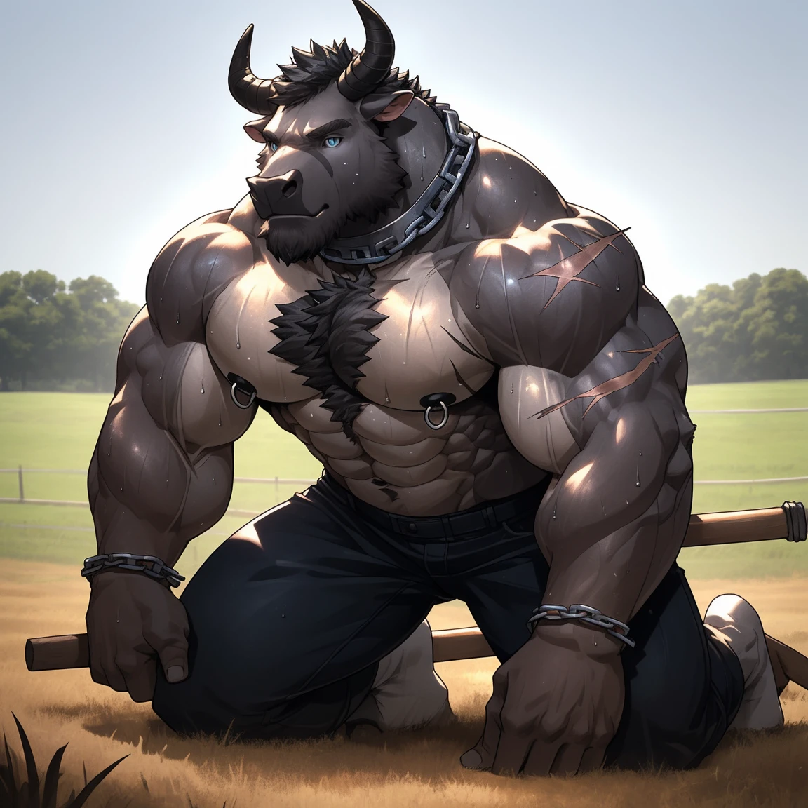 Sweaty, muscular, topless, kneeling on all fours, holding farm tools, tilling the land, anthropomorphic, chest hair, serious face, in a farm field during the day(Scar on face) Mature (Blue eyes)Huge muscular, ripped abs, wild, wearing nipple rings and collars, prisoners, collars linked to chains, ambitious, sweaty black bull