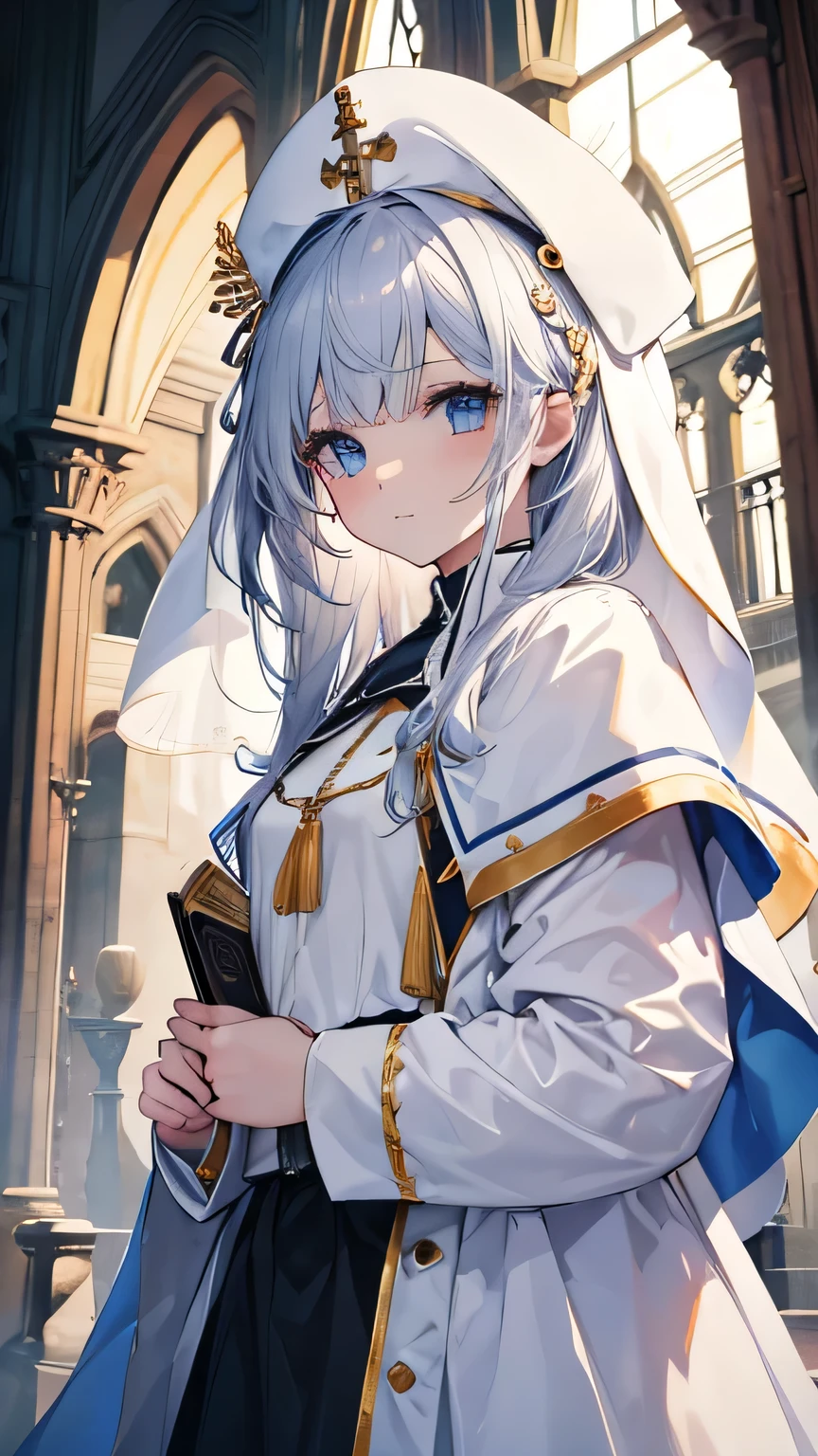 ((best quality)), ((masterpiece)), (detailed face and eyes), perfect face, accurate, textured skin, high details, highres, Cathedral, Saint, Praying Saint, Sister, Scapular, Nun's clothing, Sacred, majestic, dignified, Light coming from the ceiling, anime style