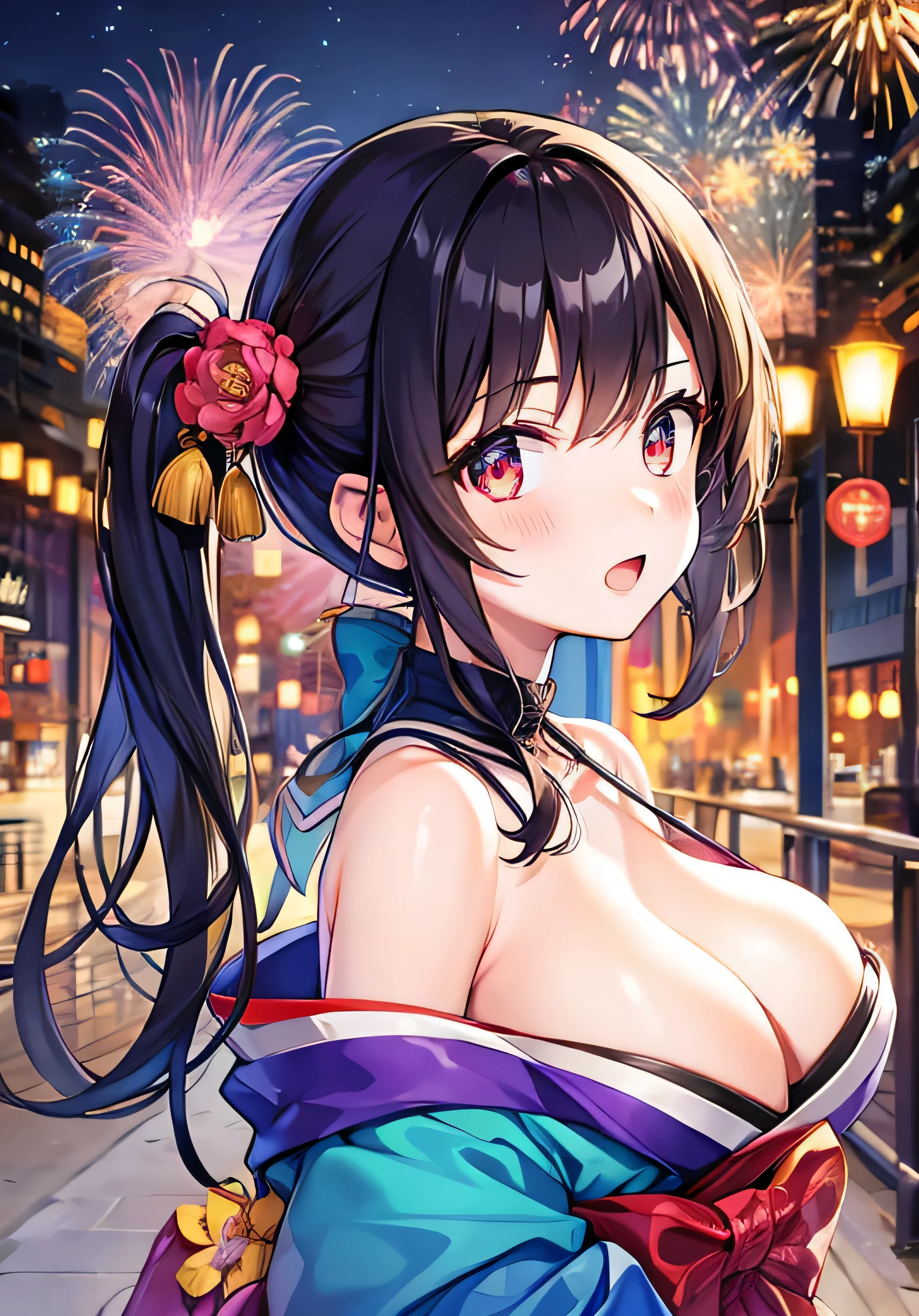 masterpiece、Highest quality、Ultra-high resolution、 girl with big breasts、twin tail hairstyle、black hair、Red face、shyly、turn around、open your mouth just a little、kimono、fireworks、at night time