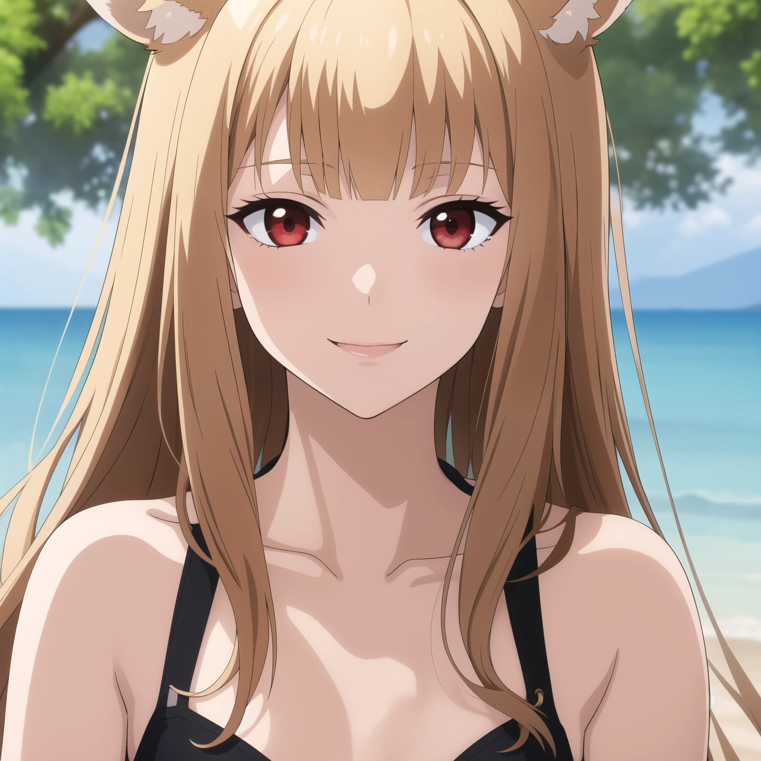 ((masterpiece)),(best quality),official art,very delicate and beautiful,highly detailed CG,unity 8k wallpaper,ultra detailed,beautiful fine eyes,highly detailed face,outdoors,one girl,alone,looking at viewer,zoom up of face,upper body,facing viewer,smiling,(small:1.2),wolf girl,animal ears,wolf ears,very long brown hair,floating hair,side locks,blunt bangs,red eyes,collarbone,jewelry,wolf tail,blue sky,full breasts,revealing clothing