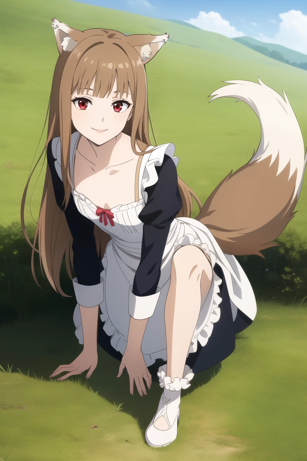 ((masterpiece)),(best quality),official art,very delicate and beautiful,highly detailed CG,unity 8k wallpaper,super detailed,beautiful fine eyes,highly detailed face,outdoors,one girl,alone,looking at viewer,full body,maid outfit,face to face,smiling,(small:1.2),wolf girl,animal ears,wolf ears,very long brown hair,floating hair,side locks,blunt bangs,red eyes,collarbone,jewelry,wolf tail,blue sky,full breasts,