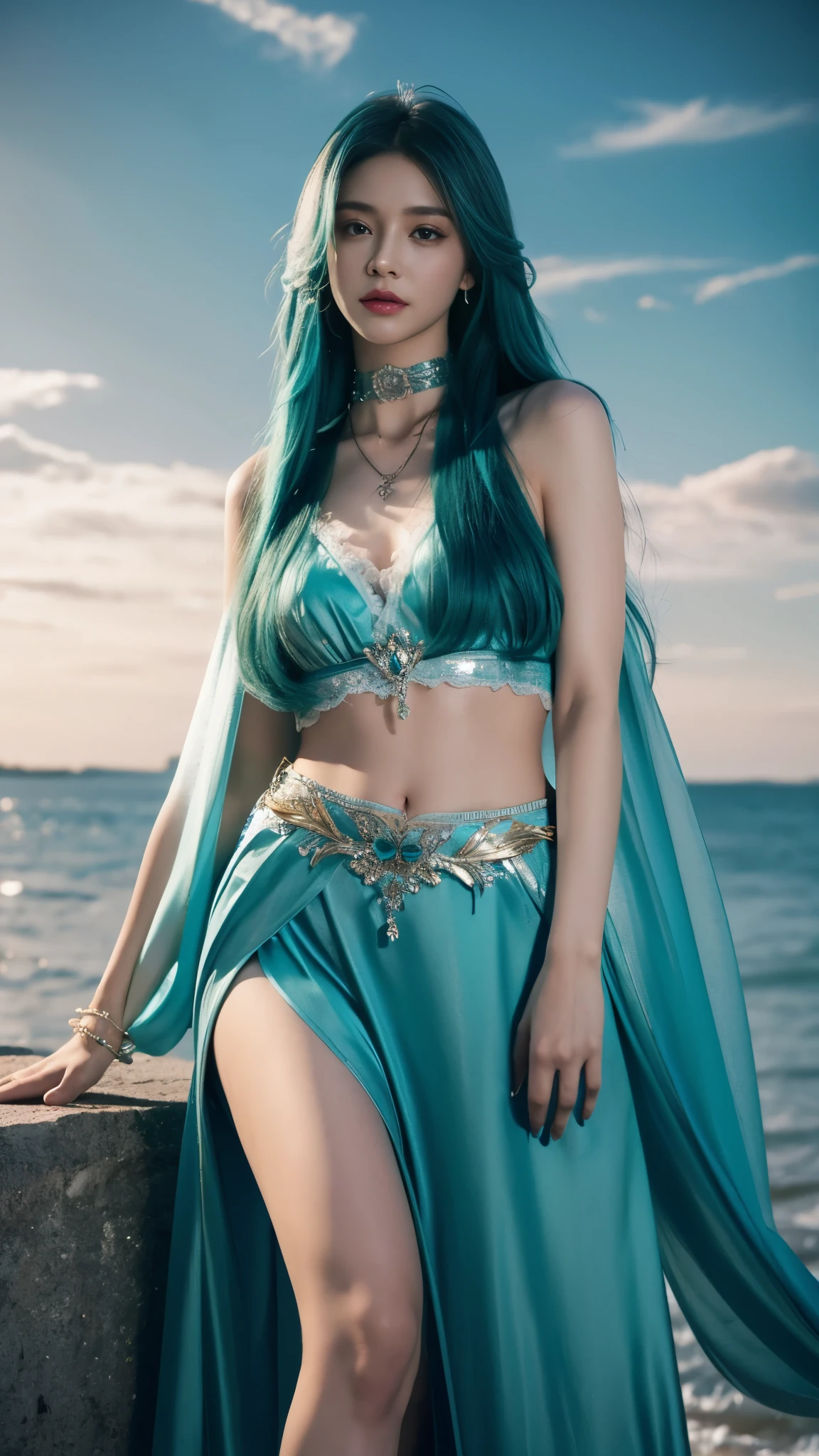 photorealistic, 1girl, ((slim body)), long hair, gradient hair, solo, detailed eyes, jewelry, bracelet, choker, small breasts, looking at viewer, realistic, necklace, (((teal princess))), long skirt, thigh highs, teal cape, sardine, lace, evening, sunlight, clouds, in the sky, clouds, realistic sun light,, detailed, upper body, sitting, 
