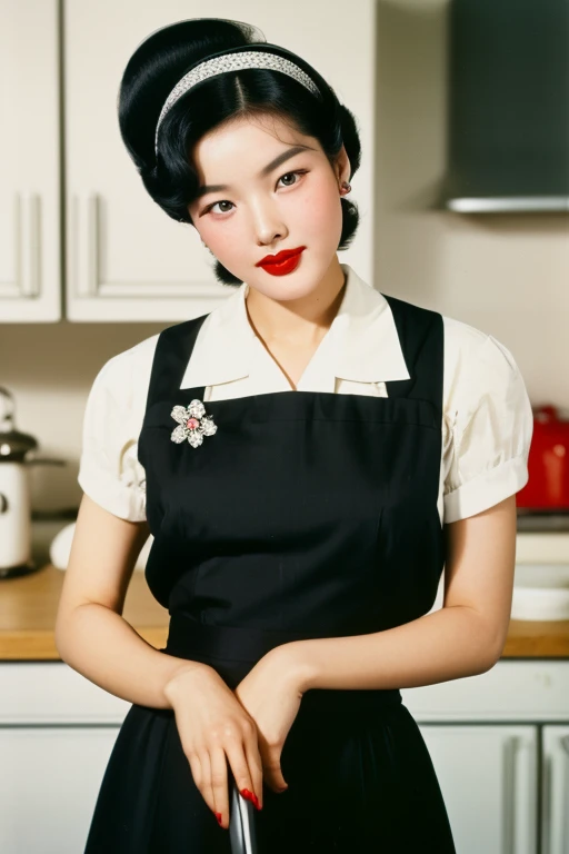 Seoul, 1952, cinematic photo ((1 korean woman)),RAW photo,candid,medium-wide shot,big breasts, strikingly beautiful, delicate facial features, porcelain skin, expressive eyes, black hair, red lips,1950s fashion,apron,1950s kitchen,kitchen,stepford wife,1950s stepford wife,(((black hair)),full body view,very high heels,(1950s hair wide ponytail),wide shot,(((brushing hair with left hand in hair))), hair hair brush,Poodle Cut,Wearing a Turban or Headscarf,Rhinestone Headband,
