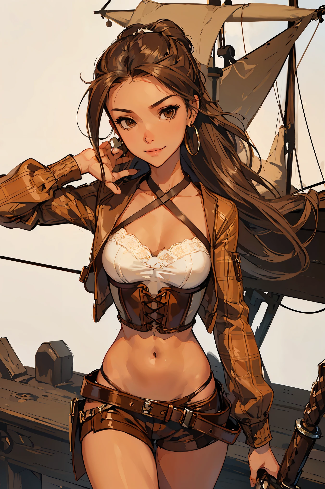 (masterpiece), best quality, expressive eyes, perfect face, (pirate ship background), (standing), (smirk), (closeup view), (1girl,white girl, tanned skin, brown hair, wavy hairstyle, brown eyes, hourglass figure, thin body, skinny body, petite_body, small breasts, thick thighs, long fingernails, brown plaid head wrap, white front lace blouse, long sleeve, loose fit, brown leather corset, brown leather shorts, brown boots, sheathed cutlass sword, flintlock pistol in holster, hoop earrings, miscellaneous jewelry)