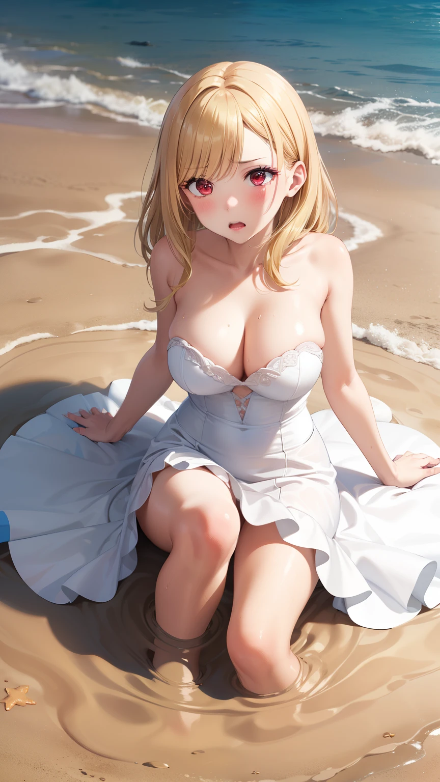 masterpiece, ultra-detailed, illustration, game cg, best quality, highres, kitagawa marin, 1girl, blonde hair, swept bangs, gradient hair, red eyes, glossy lips, (upset), large breasts, beach, (quicksand:1.3), strapless wedding dress, partially submerged, (skirt spread over the sand)