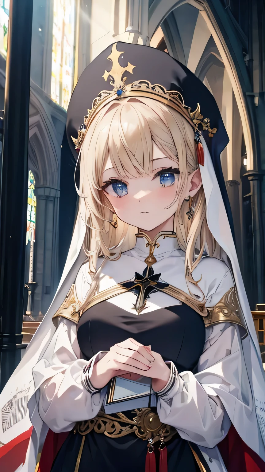 ((best quality)), ((masterpiece)), (detailed face and eyes), perfect face, accurate, textured skin, high details, highres, Cathedral, Saint, Praying Saint, Sister, Scapular, Nun's clothing, Sacred, majestic, dignified, Light coming from the ceiling, anime style, Kneel and pray