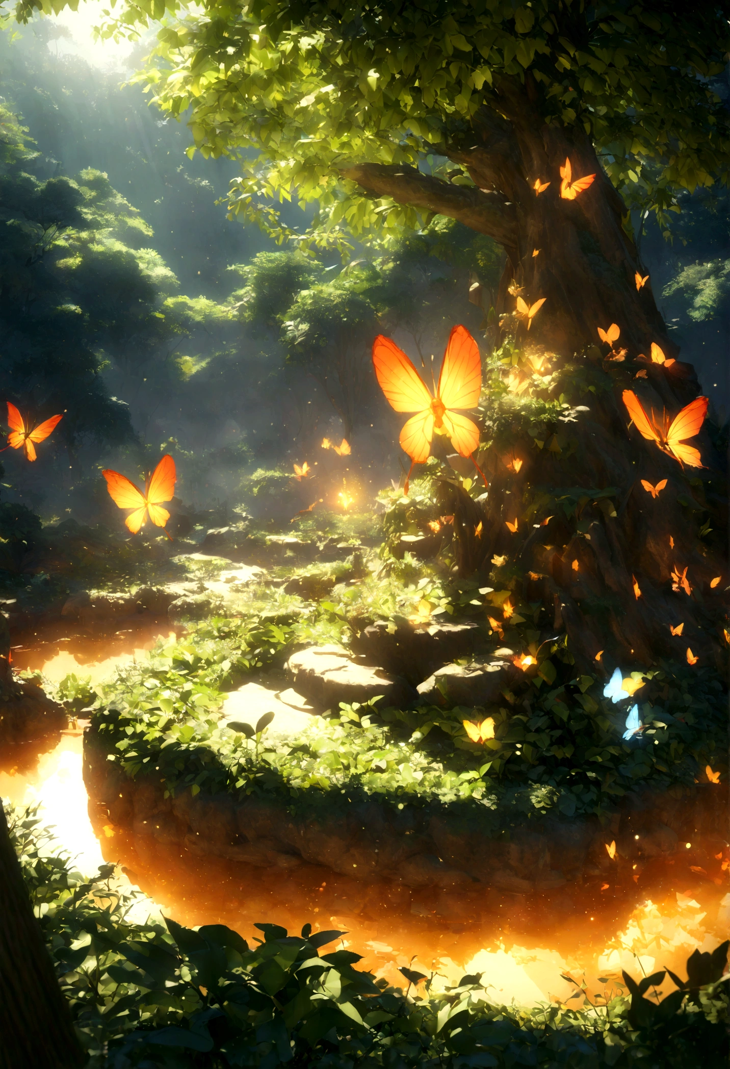 masterpiece, the highest quality, Amazing reflection, Best reflection ever. (Very detailedな CG Unity 8k 壁紙), (highest quality), (Best illustrations), (Best Shadow), forest theme with Natural elements. Tall tree々, Quiet Stream, small shineing mushrooms surrounded by delicate leaf and branches, with fire Fly and shineing Particle Effects,, (Natural elements), (Jungle theme), (leaf), (Twig), (fire Fly), butterfly, (delicate leaf), (shine), (Particle Effects). , Isometric 3D, Octane Rendering, Ray Tracing, Very detailed