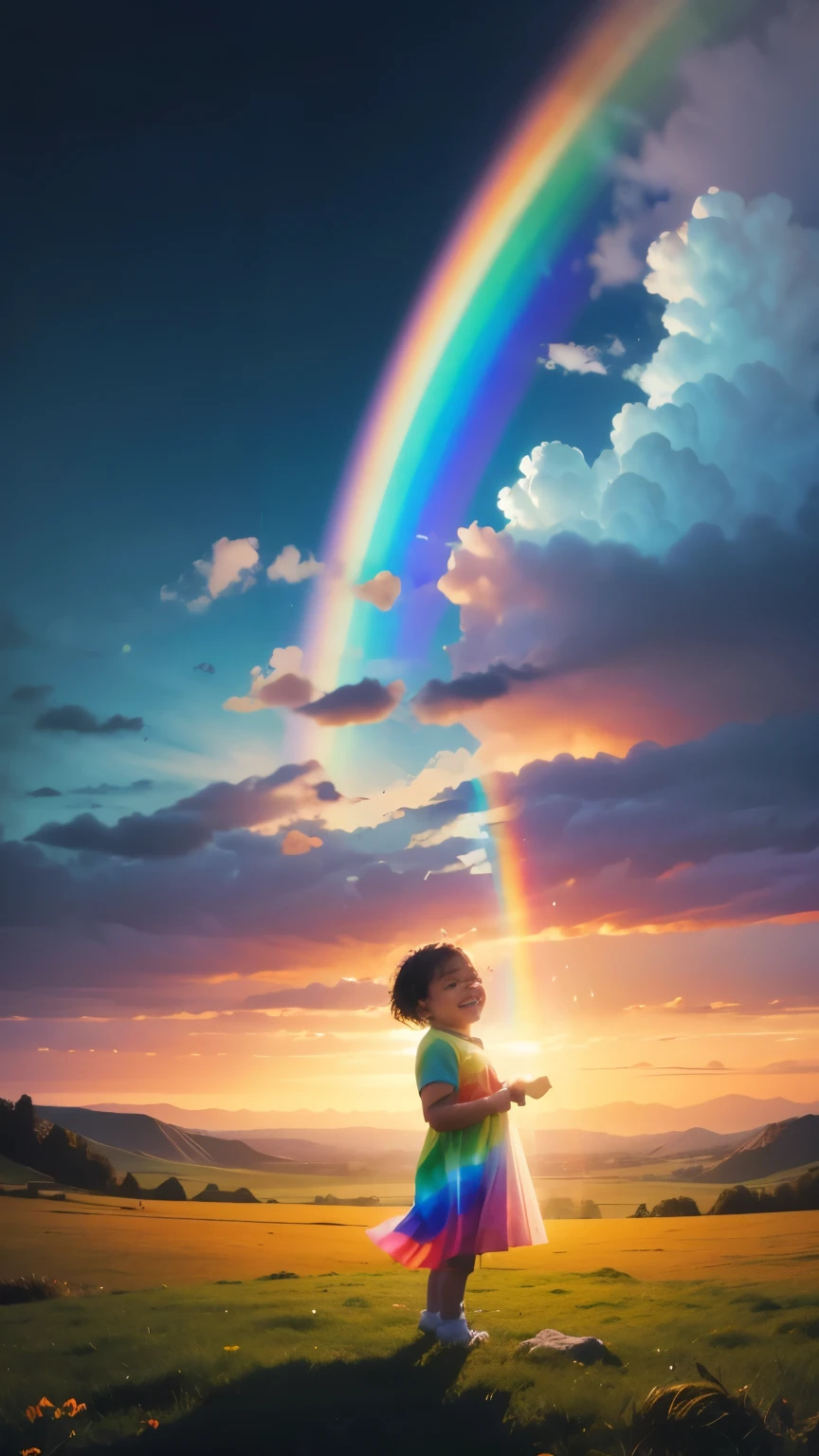 Leave only the rainbow that is in the skies, apague essa personagem central da imagem totalmente, put a smiling baby in diapers in her place