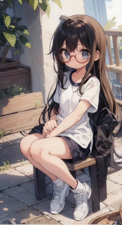 (Large round glasses:1.3)、(Timid Girl、blush、sorrow:1.2)、Black long hair、White short sleeve shirt、Thin arms、(Navy blue shorts)、Gym suit、 body、Flat body、Flat Chest