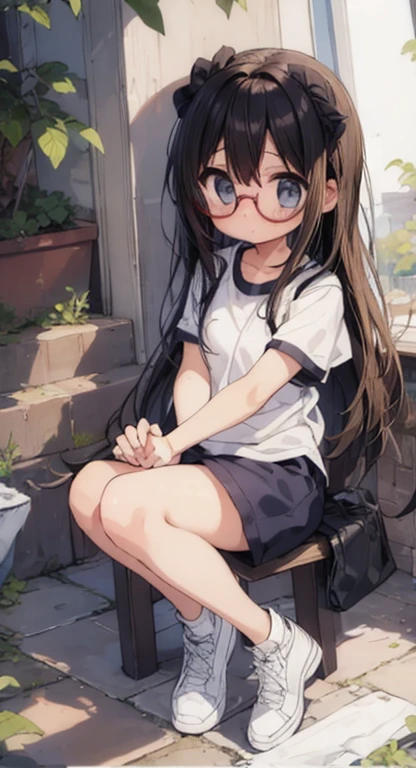 (Large round glasses:1.3)、(Timid Girl、blush、sorrow:1.2)、Black long hair、White short sleeve shirt、Thin arms、(Navy blue shorts)、Gym suit、 body、Flat body、Flat Chest