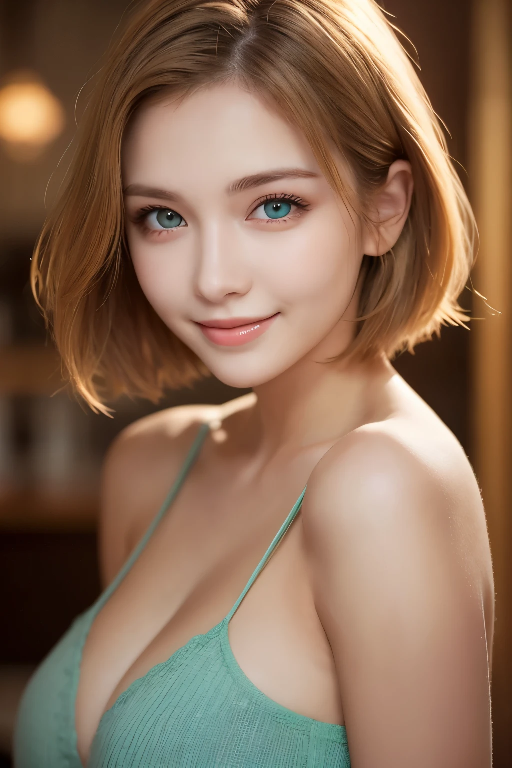 Realistic photo of a beautiful woman, 23 year old, smiling, blond short hair, big green eyes, fair skin, intricate detailed face, upper body, high quality, volumetric lighting