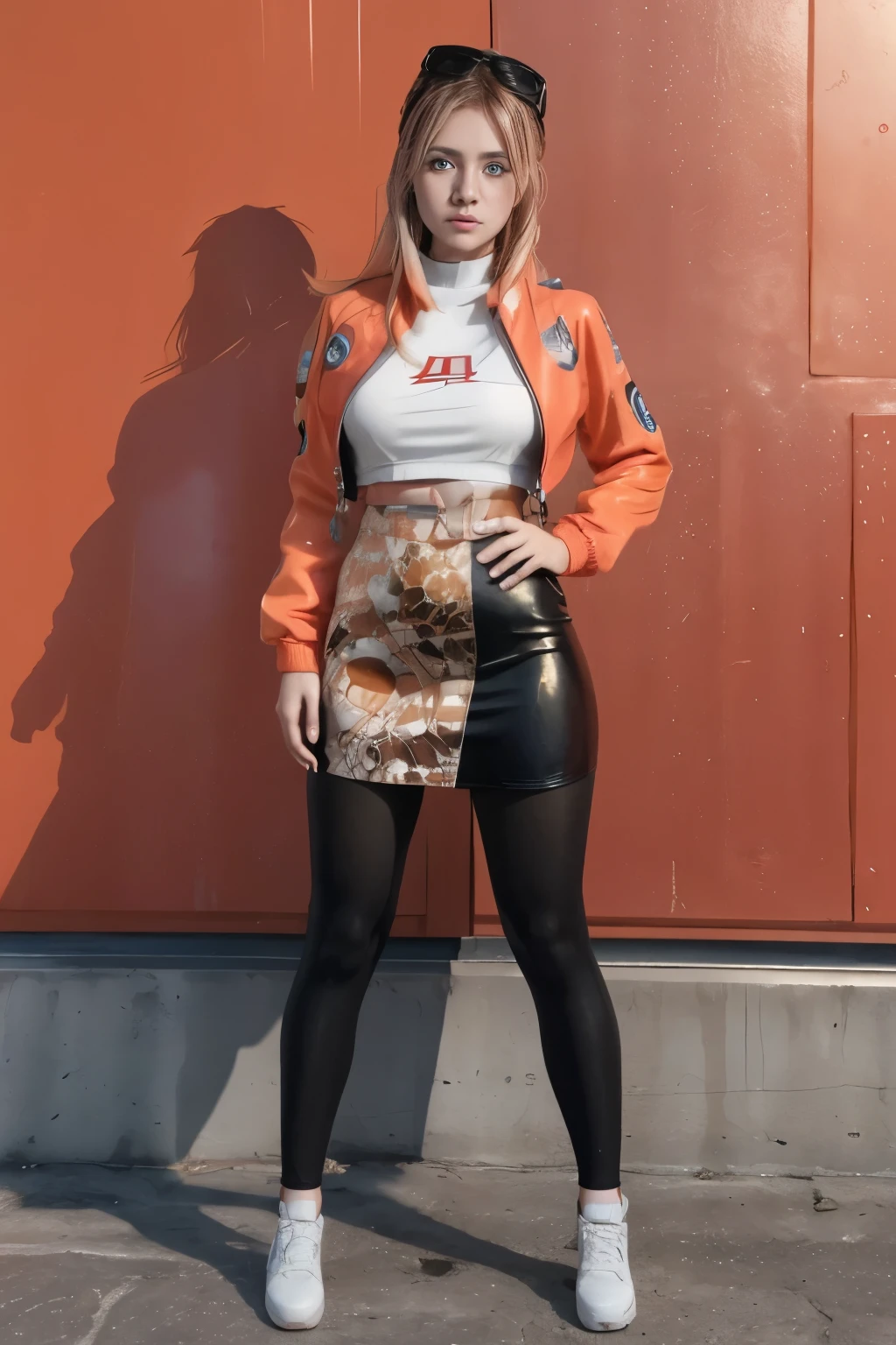cintia (pokemon), 1 chica, solo ,pelo rubio, blue eyes ,pelo que cubre un ojo, adorno para el pelo ,pendientes ,uniforme del equipo cohete, letra roja R, falda blanca,top corto blanco,medias negras hasta el muslo, guantes negros hasta el codo, 