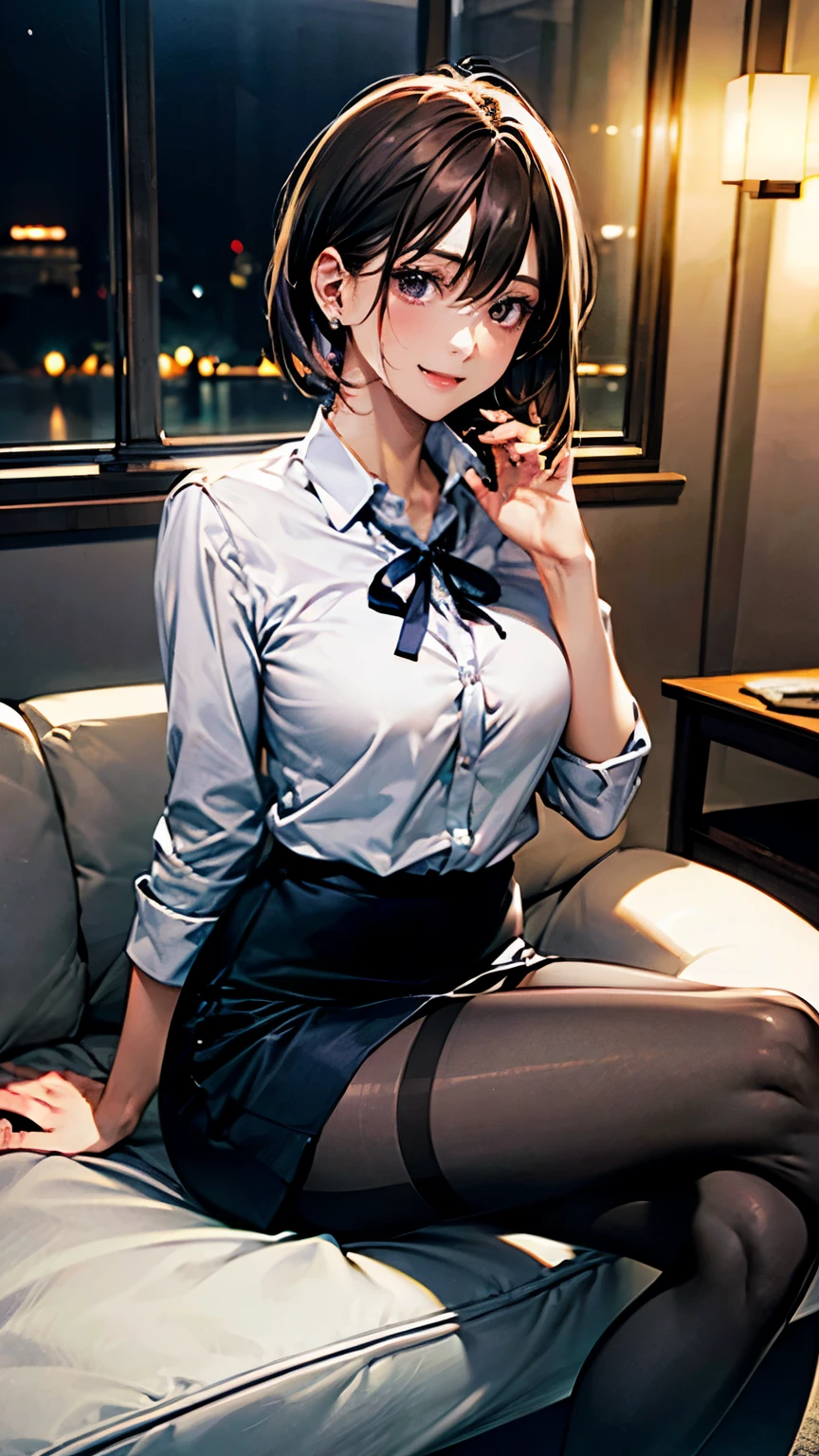 (masterpiece:1.2, highest quality), (Realistic, photoRealistic:1.4), Beautiful illustrations, (Natural Side Lighting, Cinema Lighting), 
View Viewer, 1 female, Japanese, 22 years old, High School Teacher, Perfect Face, Cute and symmetrical face, Shiny skin, Baby Face, 
(short hair, Straight hair, Dark brown hair), Hair between the eyes, Deep purple eyes, (Middle chest, Captivating thighs, Big Ass), Earrings, 
Beautiful Hair, Beautiful Face, Beautiful fine details, Beautiful clavicle, Beautiful body, Beautiful breasts, Beautiful thighs, Beautiful feet, Beautiful fingers, 
((Navy Tight Skirt, White collared shirt), Open shirt, Black Pantyhose), Purple neck ribbon, , 
(Beautiful views), night, living room, sofa, Hands in hair, (Cute smile, Upward glance, Open your mouth),