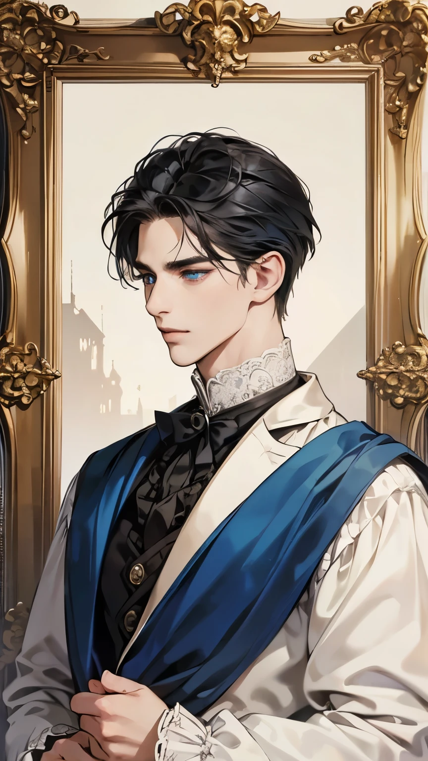 masterpiece, best quality, Practical, (absurd, High resolution, Super detailed), Europe in the 18th century,noble male,aristocratic charm,black hair,comb hair back,deep blue eyes, 30 years old,Tall and elegant,Delicate and meticulous, 8K, Reality, Dramatic Lighting, high quality, Complex design, portrait, enlarged texture, Exquisite details